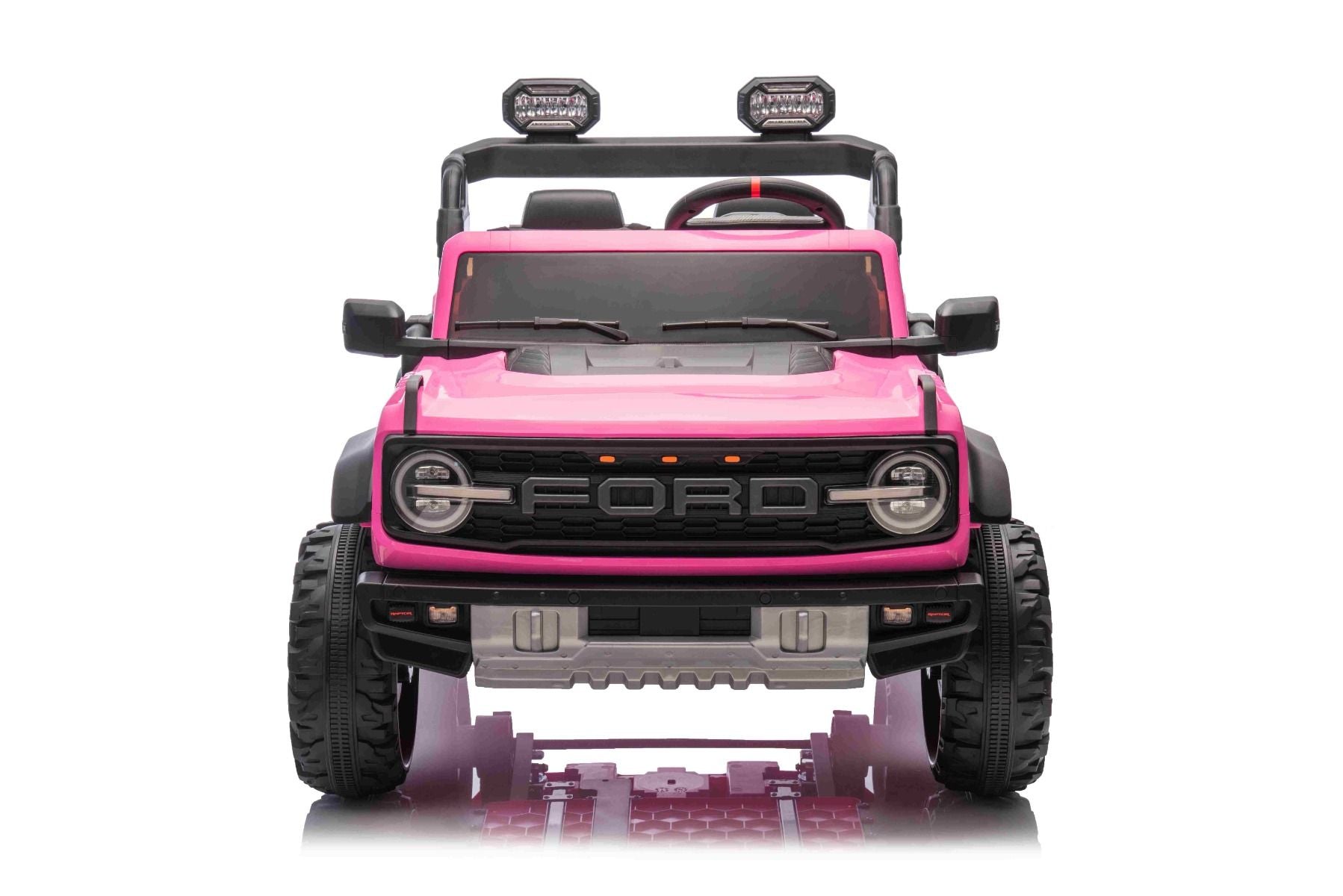 Voiture électrique pour enfants Ford Bronco XL avec propulsion arrière, sous licence (deux places), rose, batterie au lithium, suspension haute, deux sièges, essieu arrière suspendu, télécommande 2,4 GHz, lecteur MP3 avec entrée USB, lumières LED