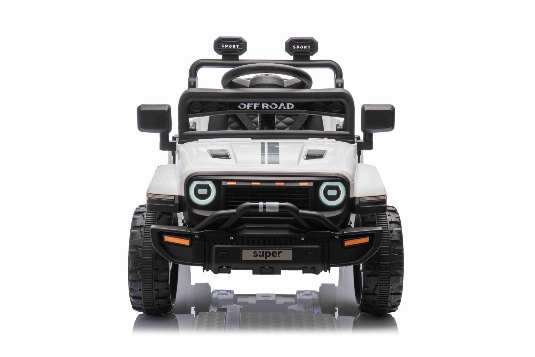 Voiture électrique pour enfants OFFROAD NEW avec traction arrière, blanche, batterie lithium, châssis haut, siège large, suspension arrière, télécommande 2,4 GHz, lumières LED