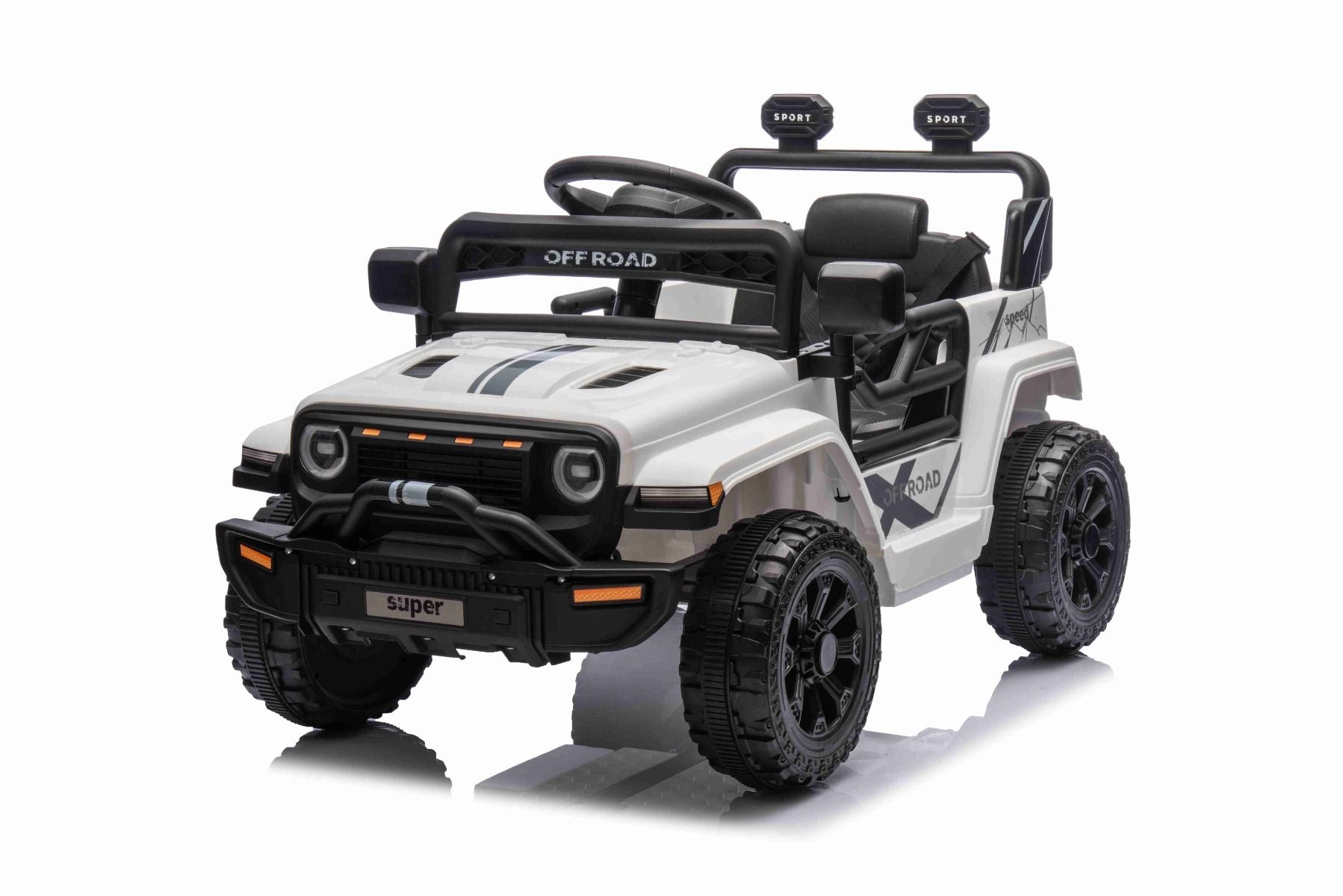 Voiture électrique pour enfants OFFROAD NEW avec traction arrière, blanche, batterie lithium, châssis haut, siège large, suspension arrière, télécommande 2,4 GHz, lumières LED