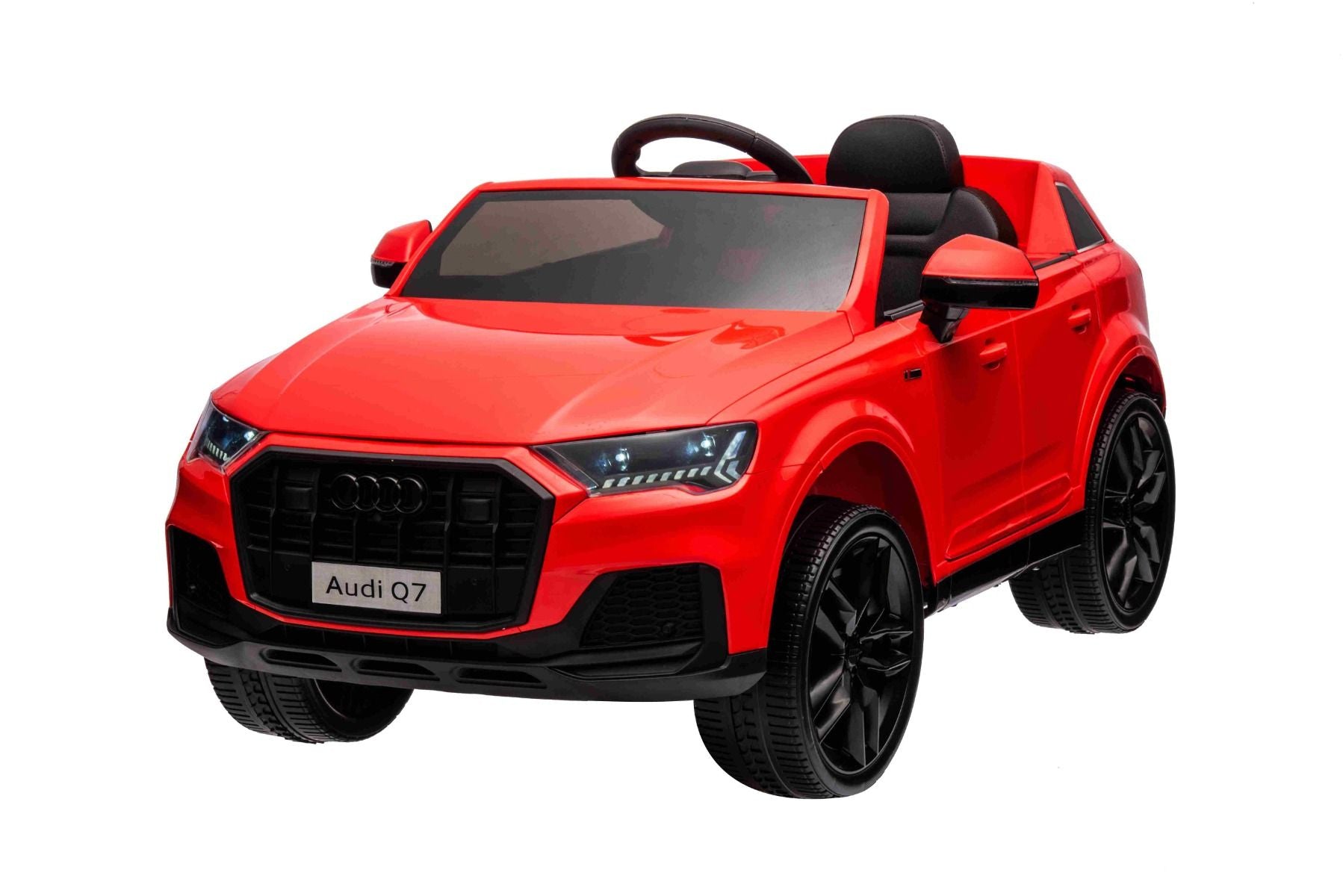 Voiture électrique à conducteur porté Audi Q7 rouge, Monoplace, Suspension indépendante, Batterie 12V, Télécommande, Moteur 2 x 35W, Lumières LED, Lecteur MP3 avec entrée USB/AUX, Licence