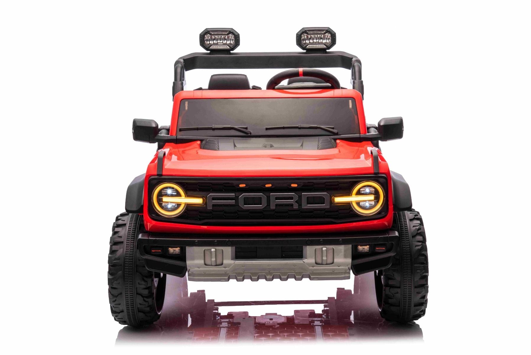 Voiture électrique pour enfants Ford Bronco XL avec propulsion arrière, sous licence (deux places), rouge, batterie au lithium, suspension haute, deux sièges, essieu arrière suspendu, télécommande 2,4 GHz, lecteur MP3 avec entrée USB, lumières LED