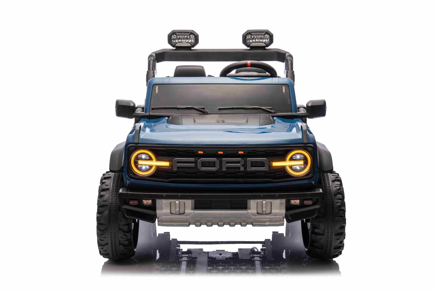 Voiture électrique pour enfants Ford Bronco XL avec propulsion arrière, sous licence (deux places), bleue, batterie au lithium, suspension haute, deux sièges, essieu arrière suspendu, télécommande 2,4 GHz, lecteur MP3 avec entrée USB, lumières LED