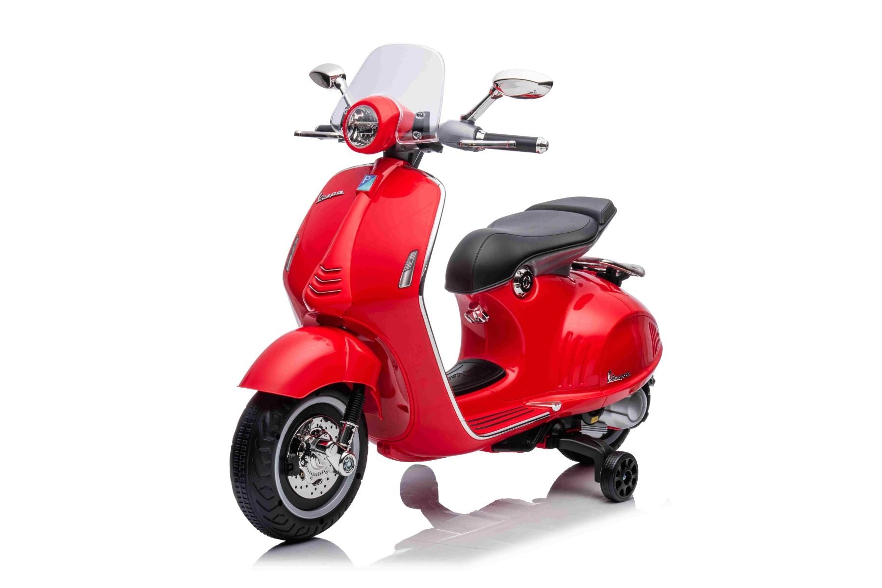 Scooter électrique porteur Vespa 946 avec marche arrière, rouge, Autorisé, roues auxiliaires, Batterie au lithium, 2x Moteurs 30W, Siège en cuir, Lecteur MP3 avec entrée USB