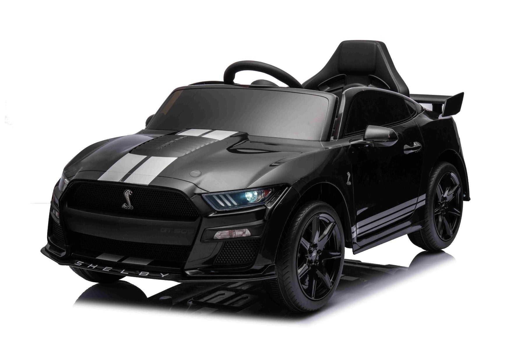 Voiture électrique à conducteur porté Ford Shelby Mustang GT 500 Cobra, noire, télécommande 2,4 GHz, entrée USB, lumières LED, moteur 2 x 30 W, licence ORIGINALE