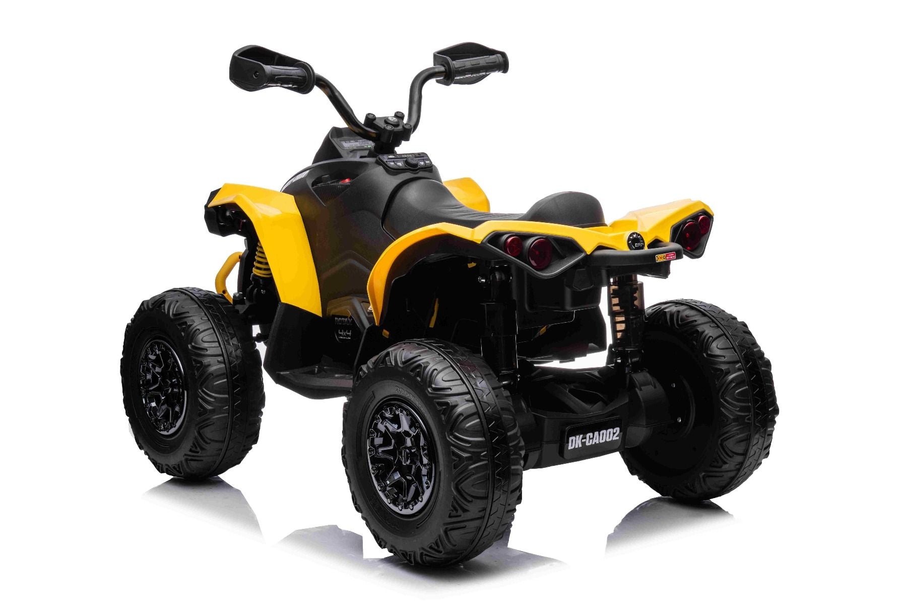 Quad electric enfants 12V, Can-am Renegade, jaune, voiture electrique enfants 12V, lumières LED, batterie 12V, moteurs 2 x 35W, roues souples en EVA, lecteur MP3 avec entrée USB/AUX, sous licence