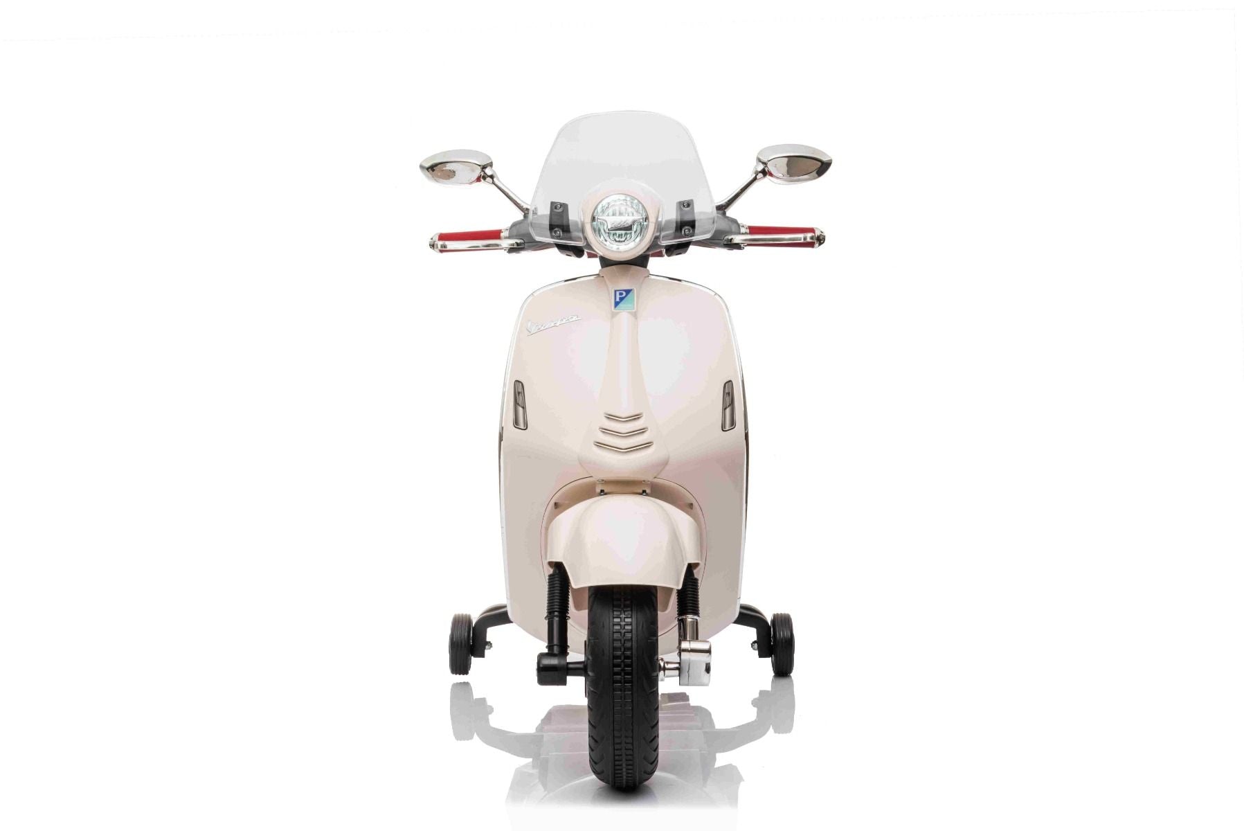 Scooter électrique porteur Vespa 946 avec marche arrière, blanc, Autorisé, roues auxiliaires, Batterie au lithium, 2x Moteurs 30W, Siège en cuir, Lecteur MP3 avec entrée USB