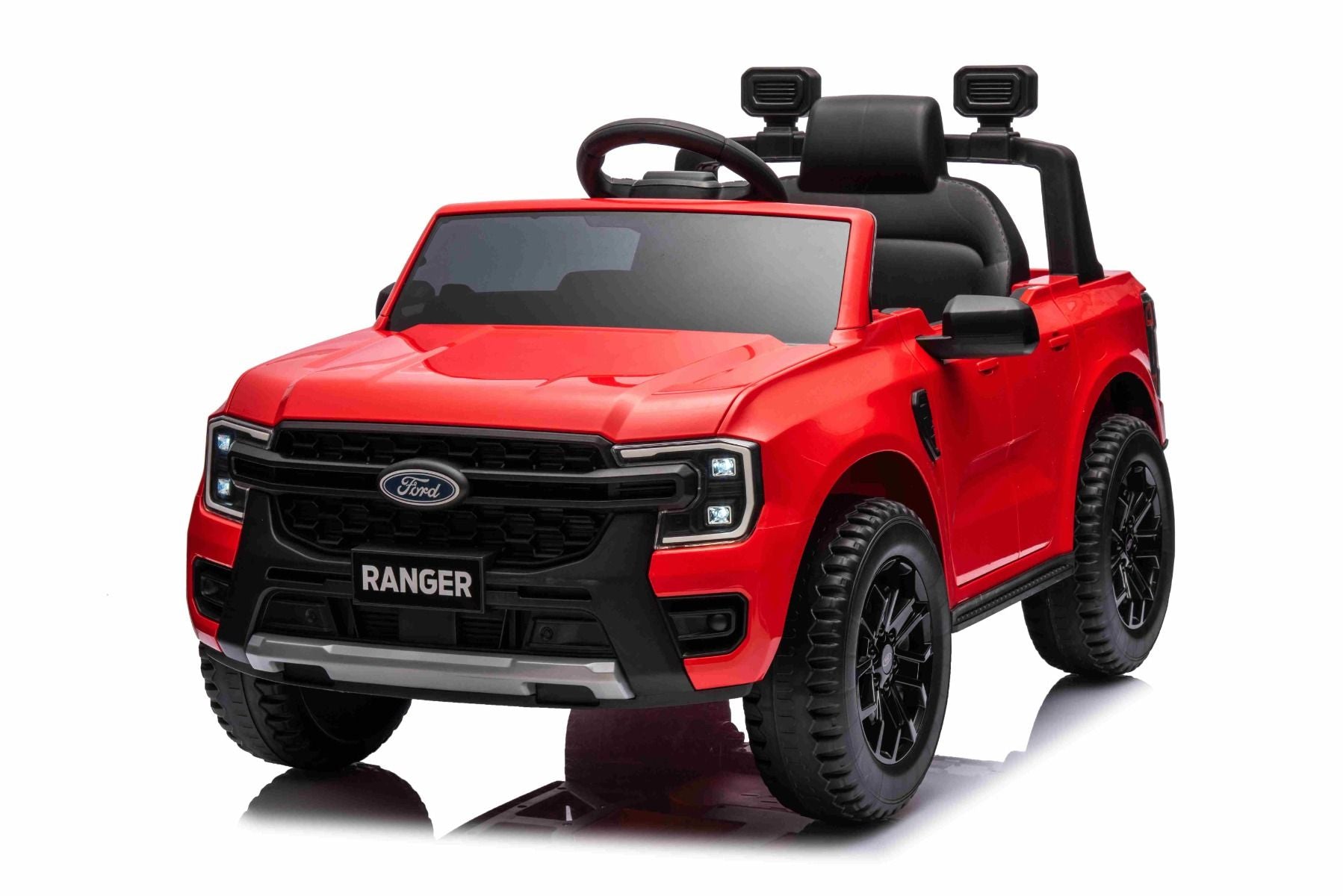Voiture électrique FORD Ranger 12V, rouge, Siège en cuir, Télécommande 2,4 GHz, Entrée Bluetooth / USB, Suspension, Batterie 12V, Roues en plastique, Moteurs 2 X 30W, Licence ORIGINALE