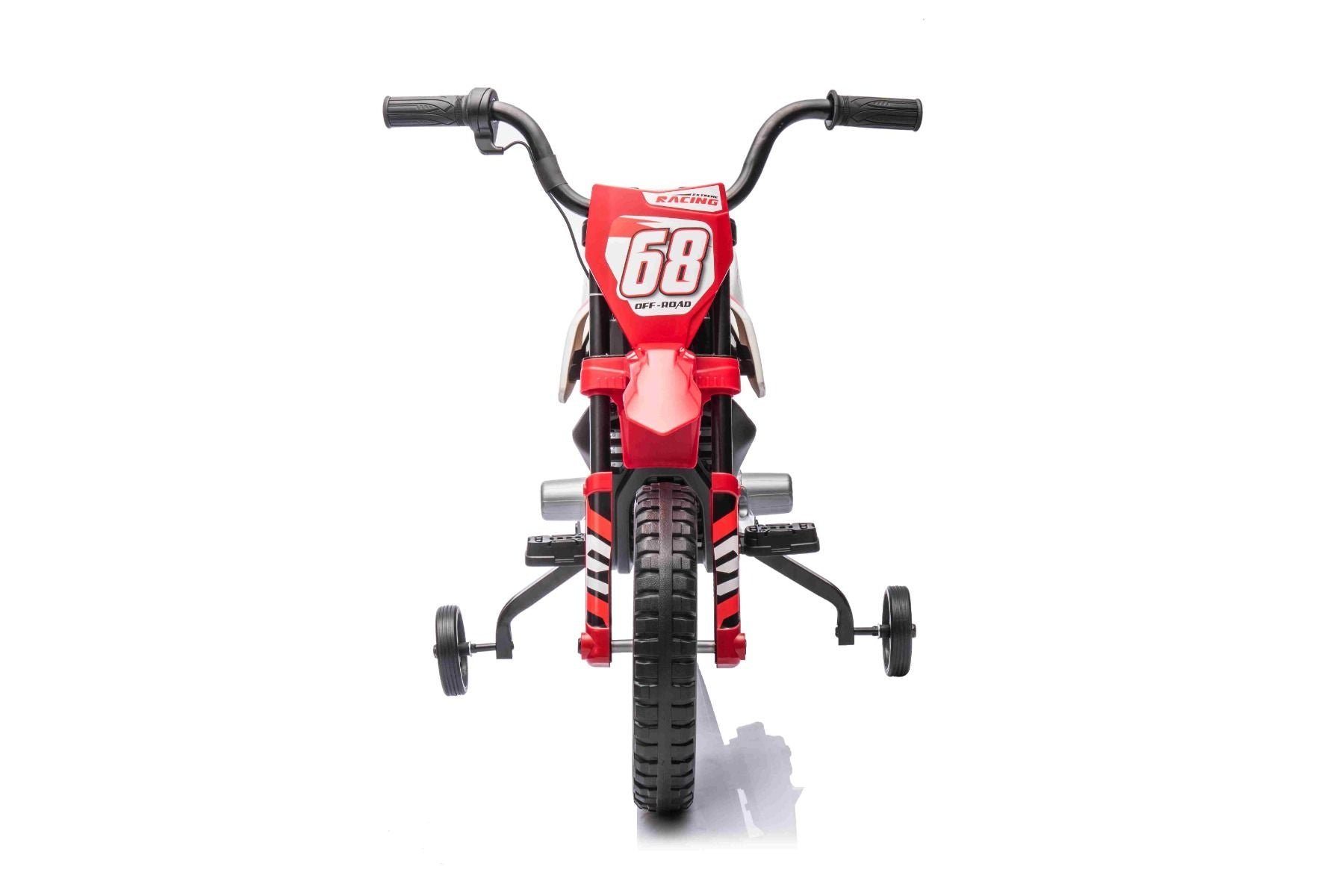 MOTOCROSS électrique pour enfants, Rouge, Batterie 12V, Roues souples EVA, Siège en cuir, Moteur 2 x 25W, Suspension, Cadre en métal, Lecteur MP3 avec Bluetooth, roues auxiliaires