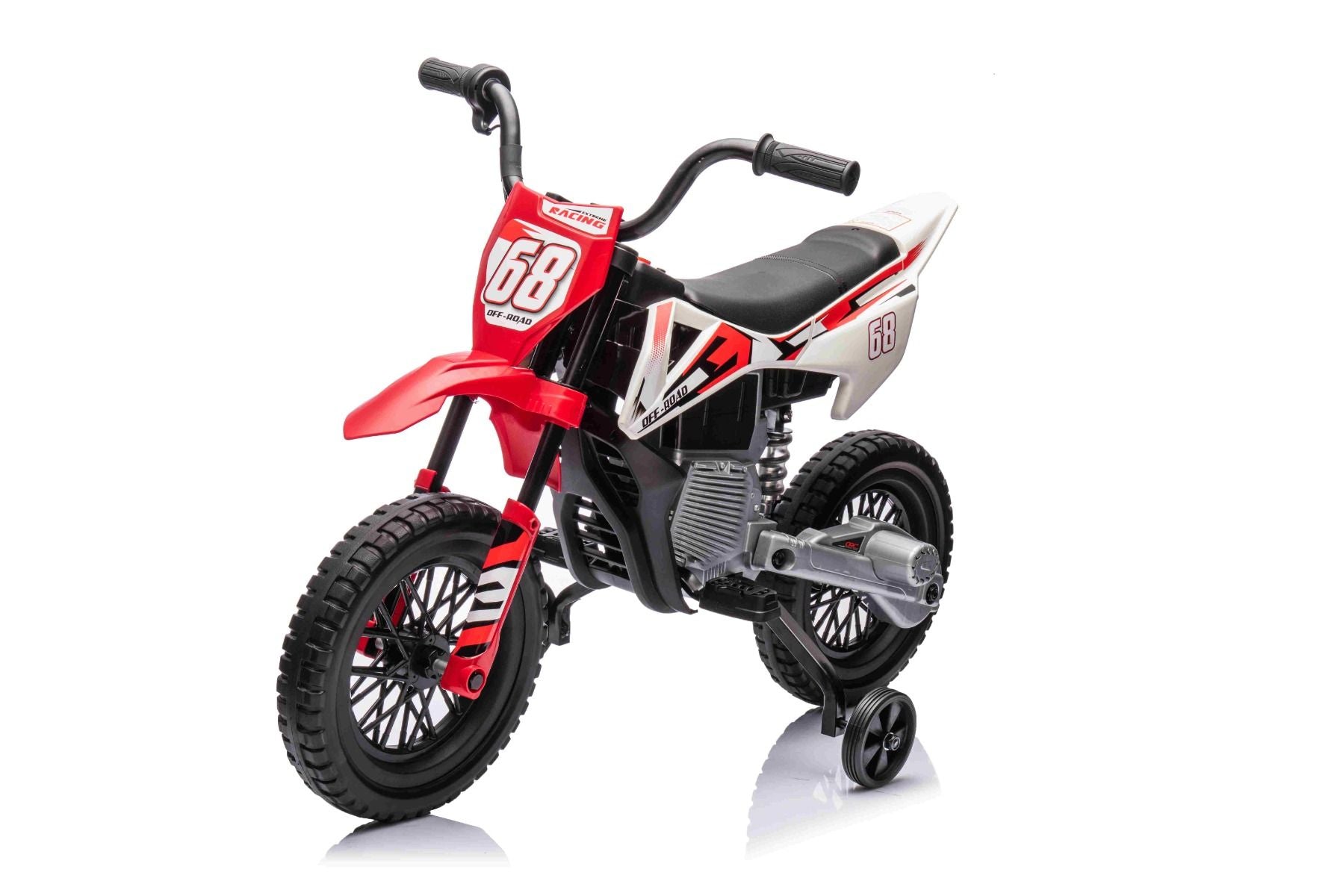 MOTOCROSS électrique pour enfants, Rouge, Batterie 12V, Roues souples EVA, Siège en cuir, Moteur 2 x 25W, Suspension, Cadre en métal, Lecteur MP3 avec Bluetooth, roues auxiliaires