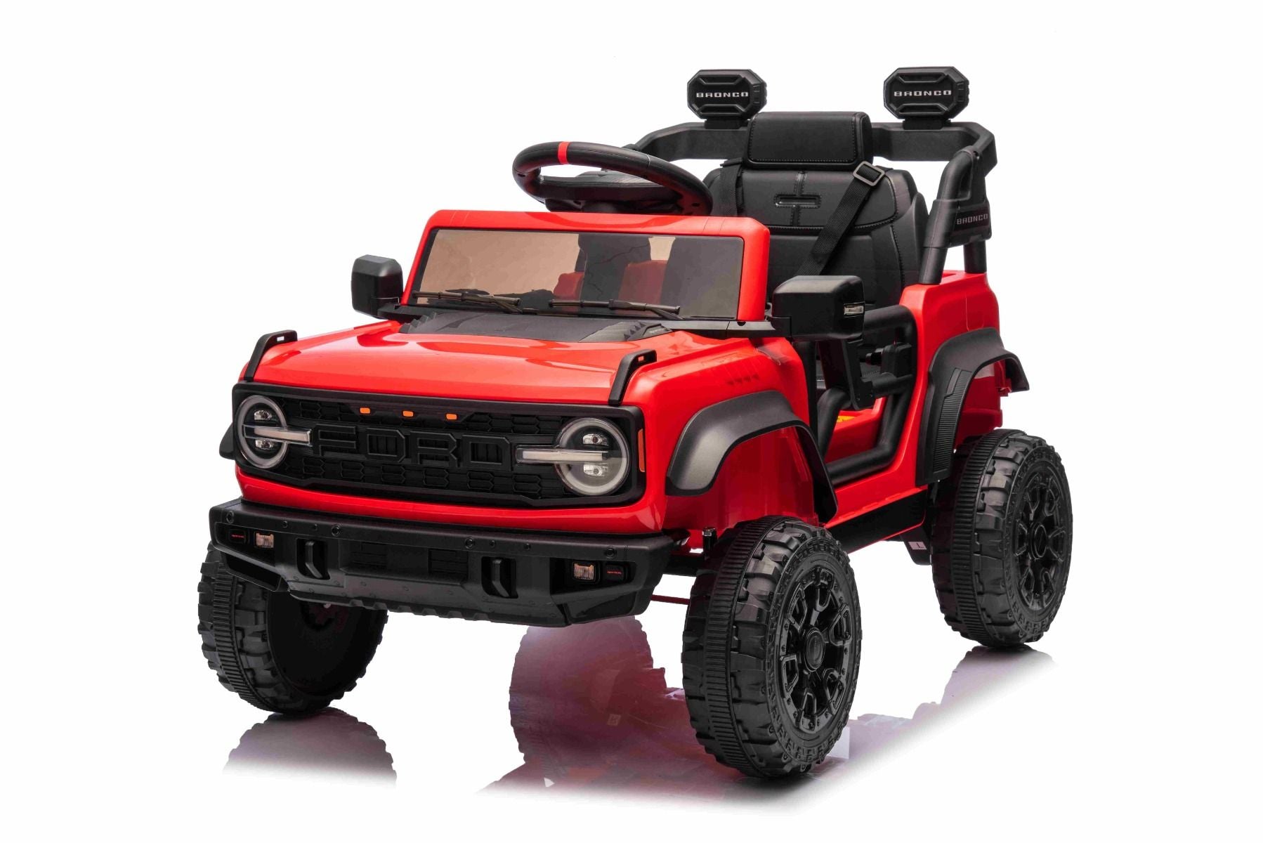 Voiture électrique Ford Bronco avec traction arrière, sous licence (siège unique), rouge, batterie lithium, haute garde au sol, siège large, suspension de l'essieu arrière, télécommande 2,4 GHz, lecteur MP3 avec entrée USB, feux LED.