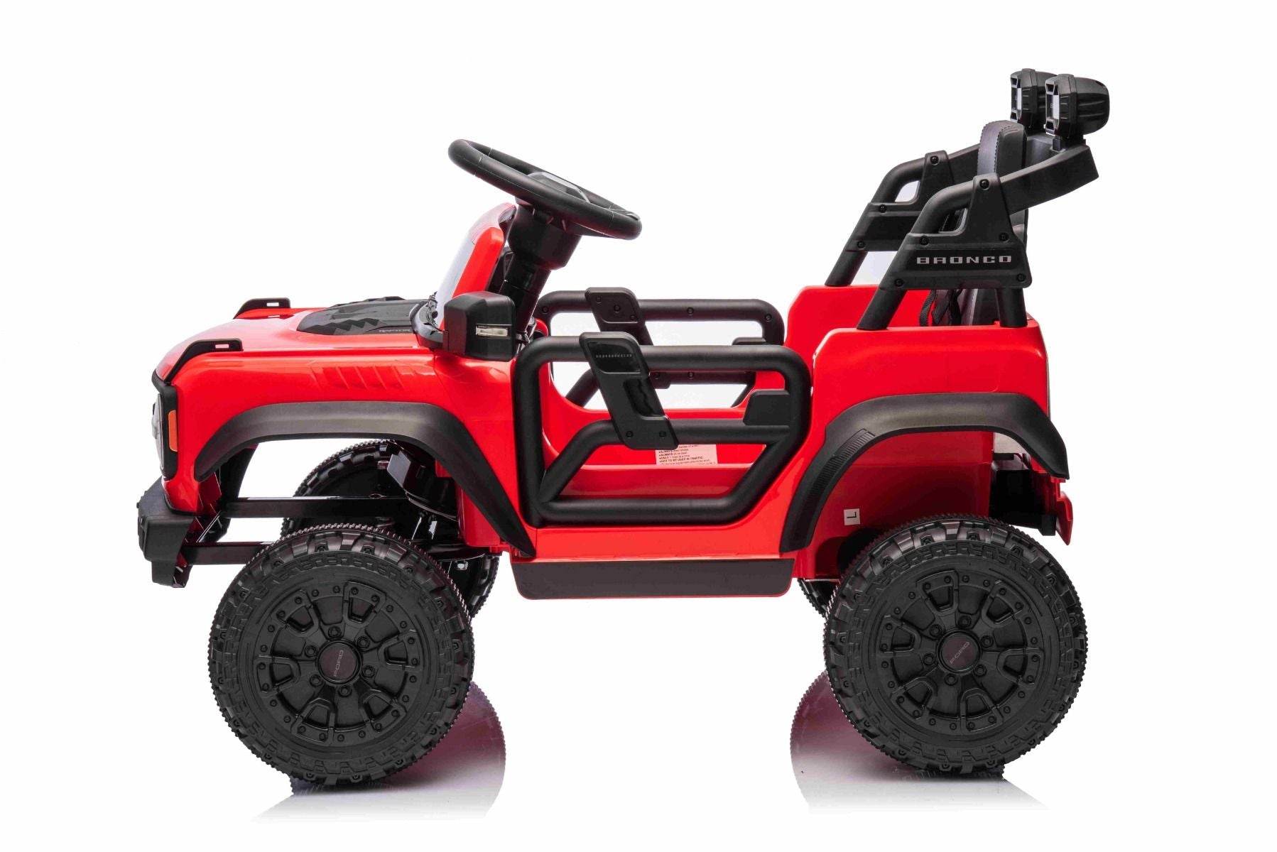Voiture électrique Ford Bronco avec traction arrière, sous licence (siège unique), rouge, batterie lithium, haute garde au sol, siège large, suspension de l'essieu arrière, télécommande 2,4 GHz, lecteur MP3 avec entrée USB, feux LED.