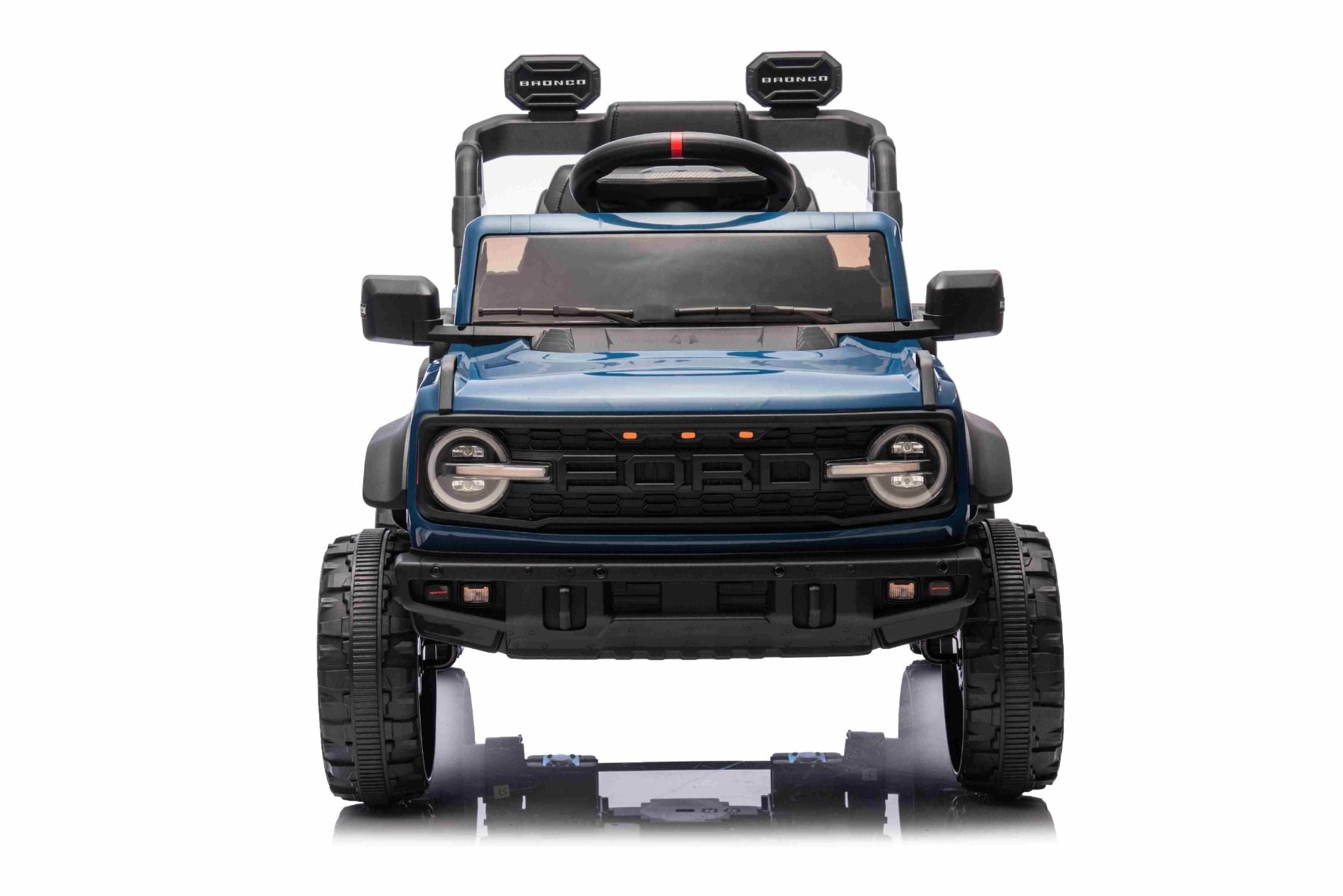 Voiture électrique Ford Bronco avec traction arrière, sous licence (siège unique), bleue, batterie lithium, haute garde au sol, siège large, suspension de l'essieu arrière, télécommande 2,4 GHz, lecteur MP3 avec entrée USB, feux LED
