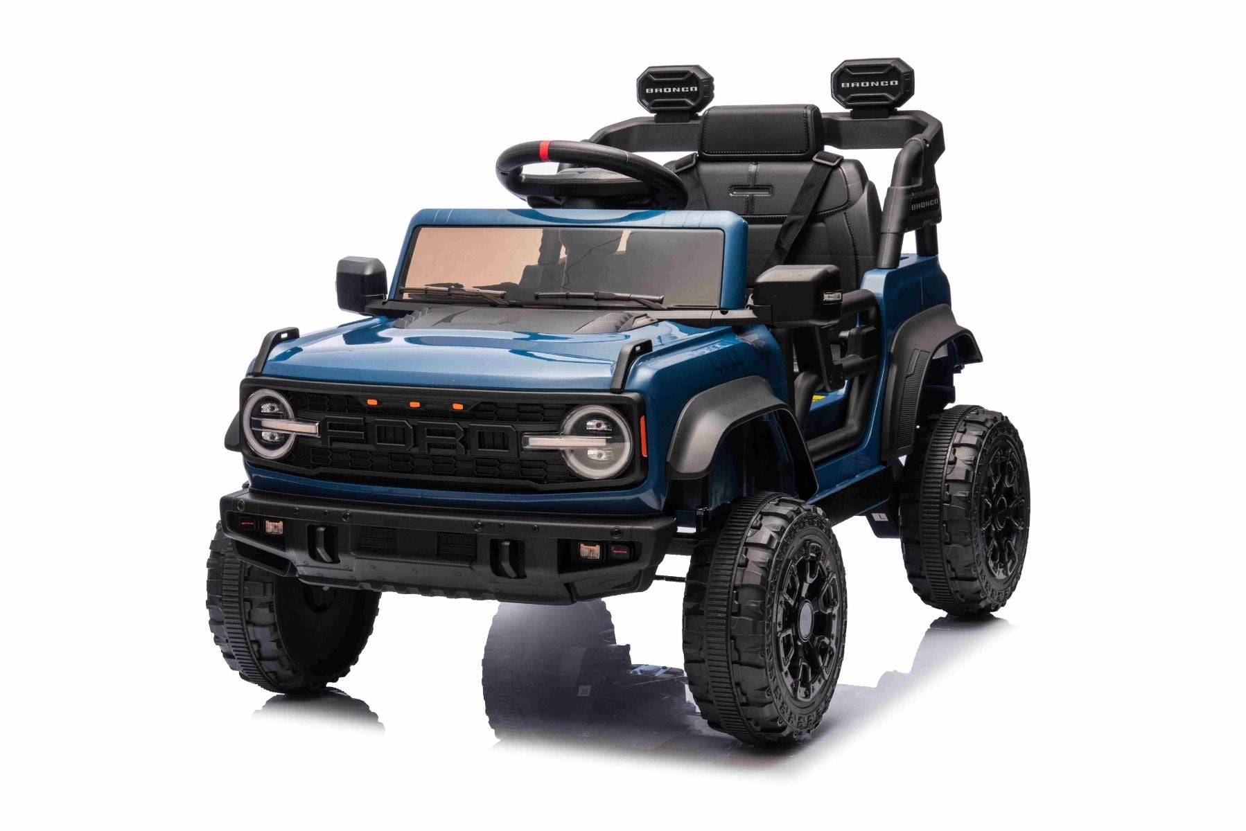 Voiture électrique Ford Bronco avec traction arrière, sous licence (siège unique), bleue, batterie lithium, haute garde au sol, siège large, suspension de l'essieu arrière, télécommande 2,4 GHz, lecteur MP3 avec entrée USB, feux LED