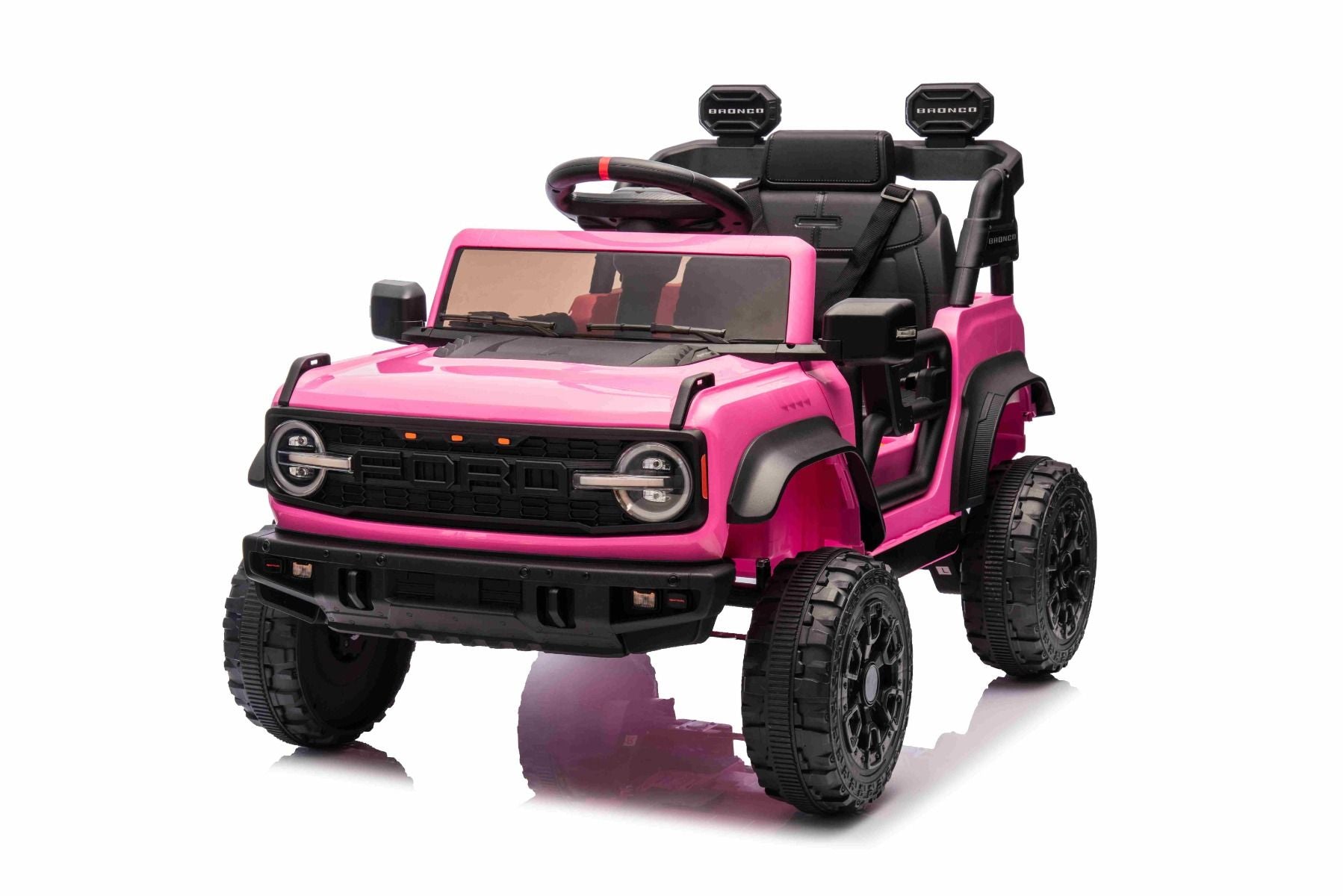 Voiture électrique Ford Bronco avec traction arrière, sous licence (siège unique), rose, batterie lithium, haute garde au sol, siège large, suspension de l'essieu arrière, télécommande 2,4 GHz, lecteur MP3 avec entrée USB, feux LED