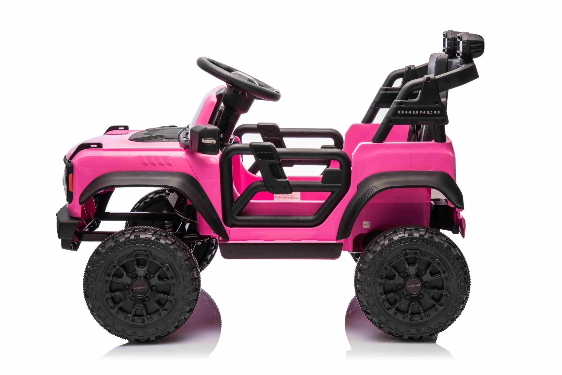 Voiture électrique Ford Bronco avec traction arrière, sous licence (siège unique), rose, batterie lithium, haute garde au sol, siège large, suspension de l'essieu arrière, télécommande 2,4 GHz, lecteur MP3 avec entrée USB, feux LED