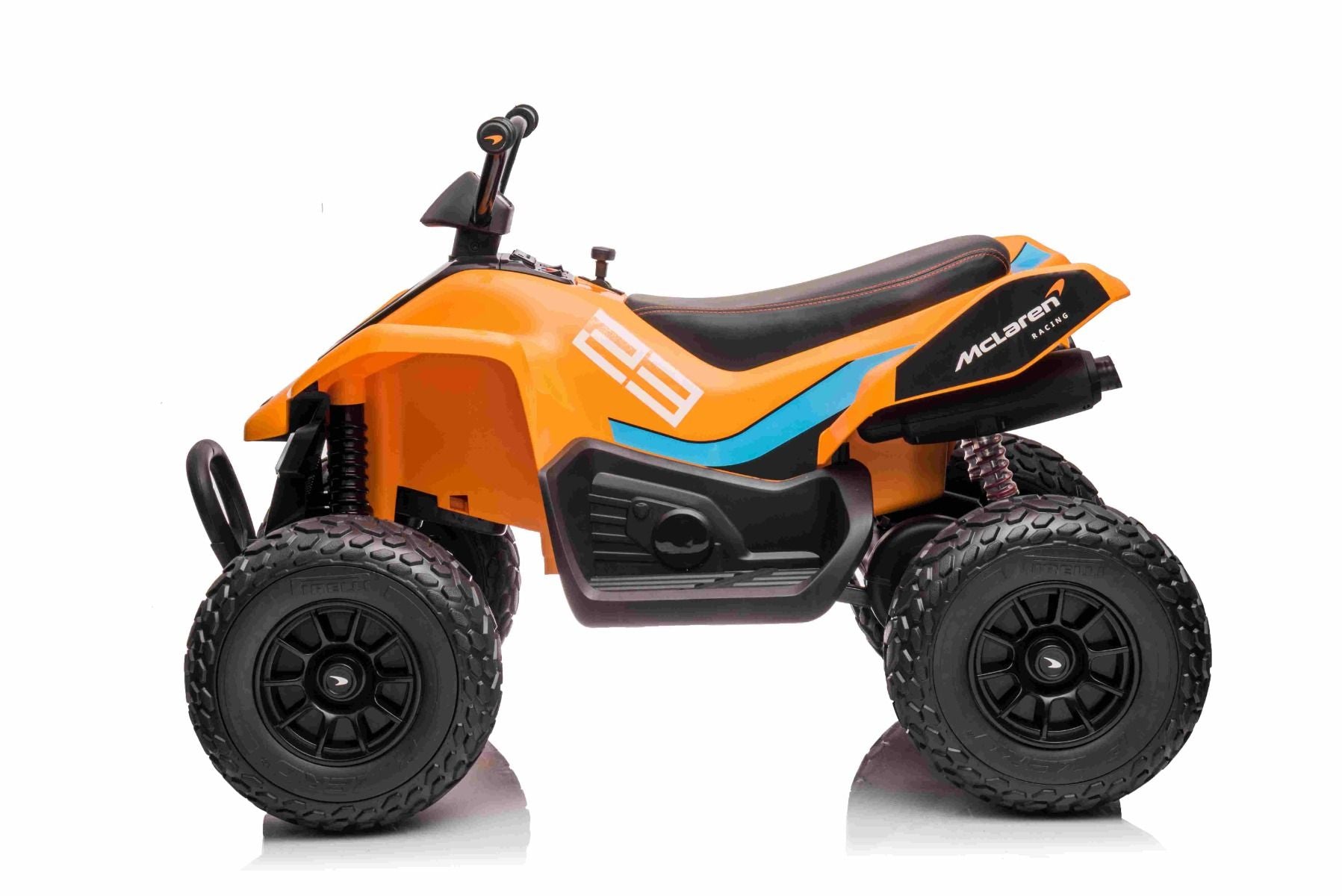 4x4 Quad électrique enfants 12V sous licence McLaren Racing MCL, Orange, Roues EVA souples, TÉLÉCOMMANDE, Siège en similicuir, Suspension arrière, Moteur 4 x 35W, Lumières LED, Batterie 12V10Ah