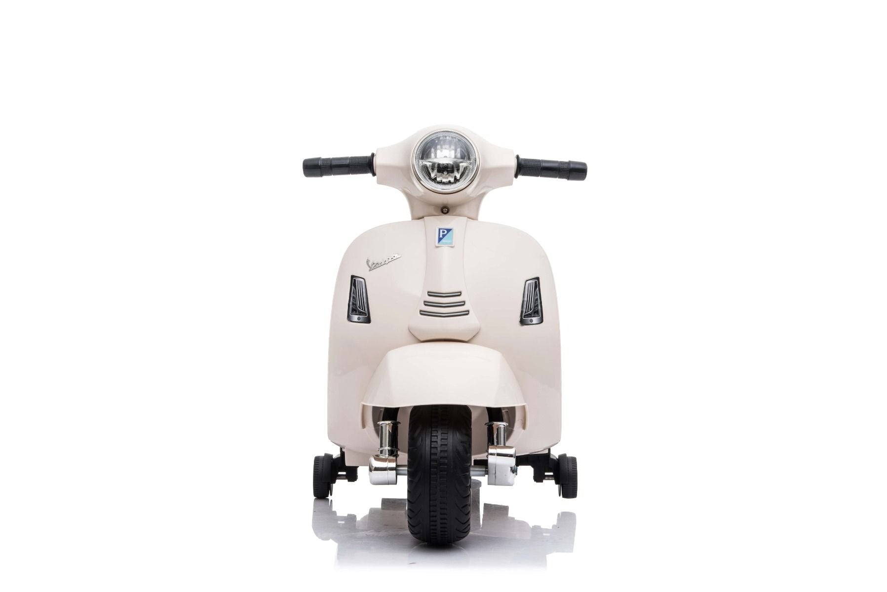 Scooter électrique Vespa GTS, blanc, avec roues auxiliaires, Autorisé, Batterie 6V, Siège en cuir, Moteur 30W