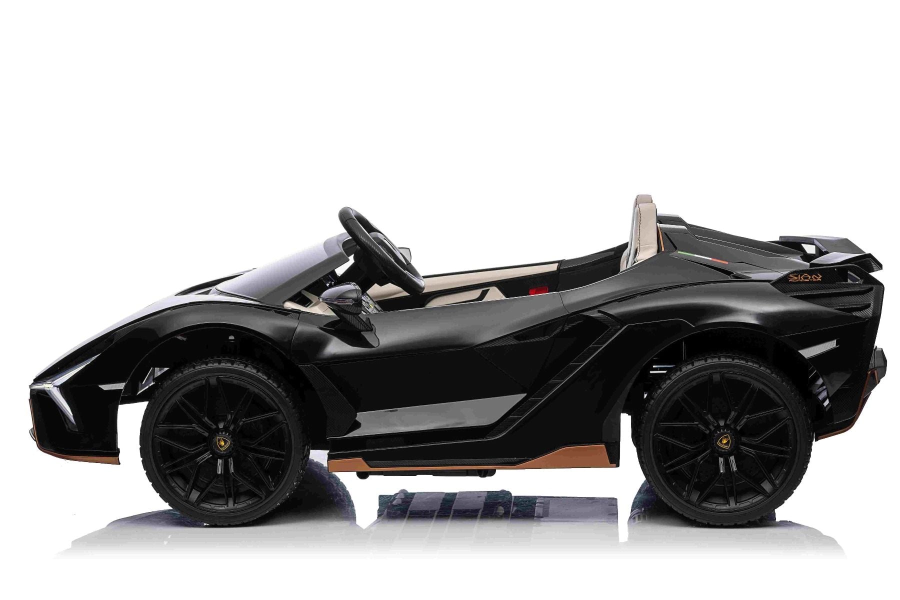 Voiture électrique à conducteur porté Lamborghini Sian 4X4, noire, 12V, télécommande 2,4 GHz, entrée USB / AUX, Bluetooth, suspension, portes à ouverture verticale, roues EVA souples, lumières LED, licence ORIGINALE