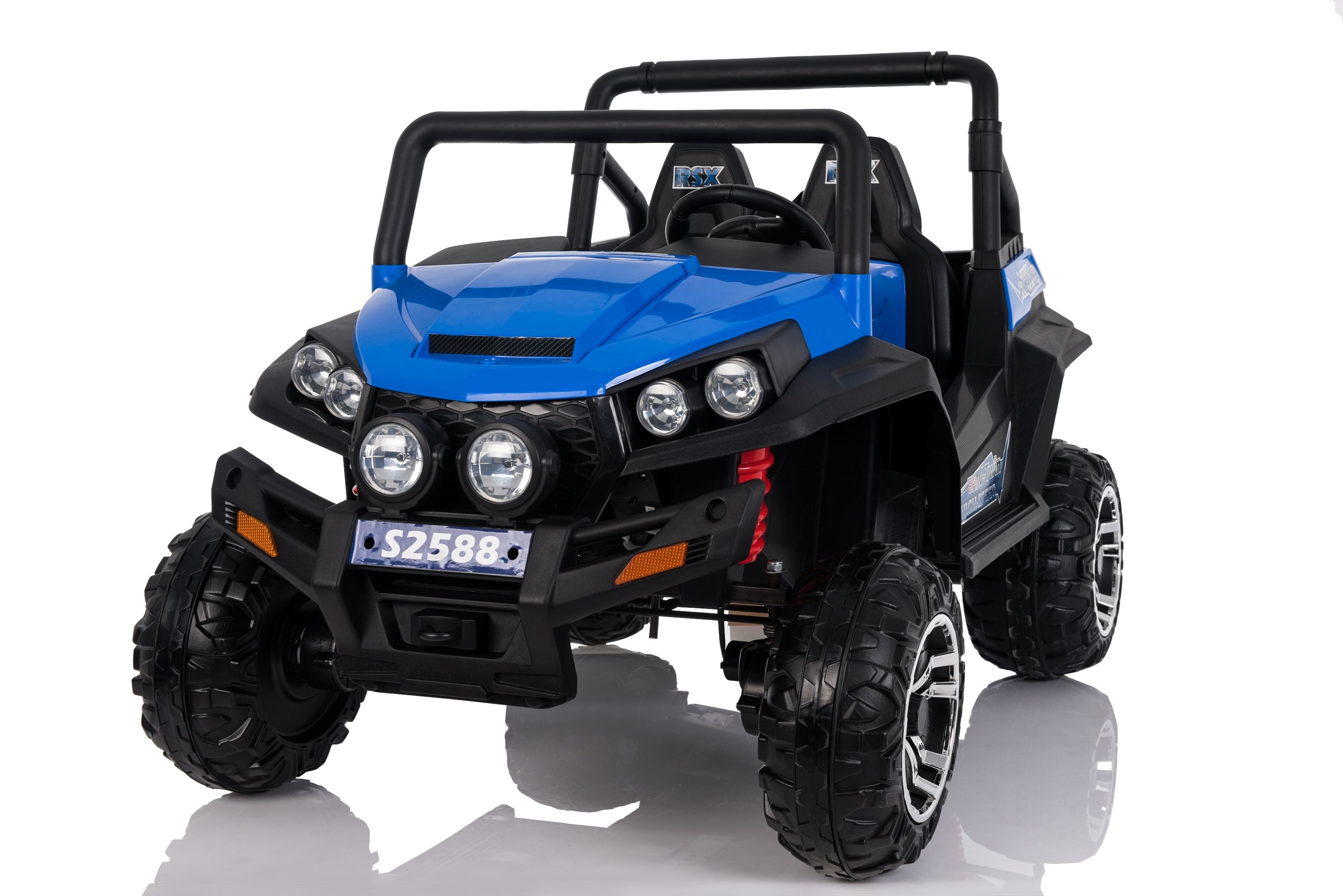 Buggy electrique enfànt 2 places 12V RSX BLEU 4 X MOTEUR, 4x4 Voiture electrique enfants 12V avec télécommande 2.4Ghz, clé de contact, roues en EVA souple, USB, carte SD