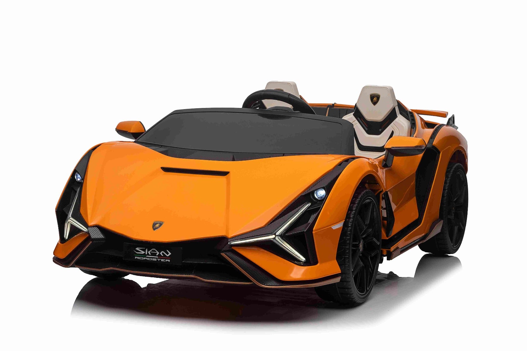 Voiture électrique porteur Lamborghini Sian 4X4, orange, 12V, télécommande 2,4 GHz, entrée USB / AUX, Bluetooth, suspension, portes à ouverture verticale, roues souples en EVA, lumières LED, licence ORIGINALE