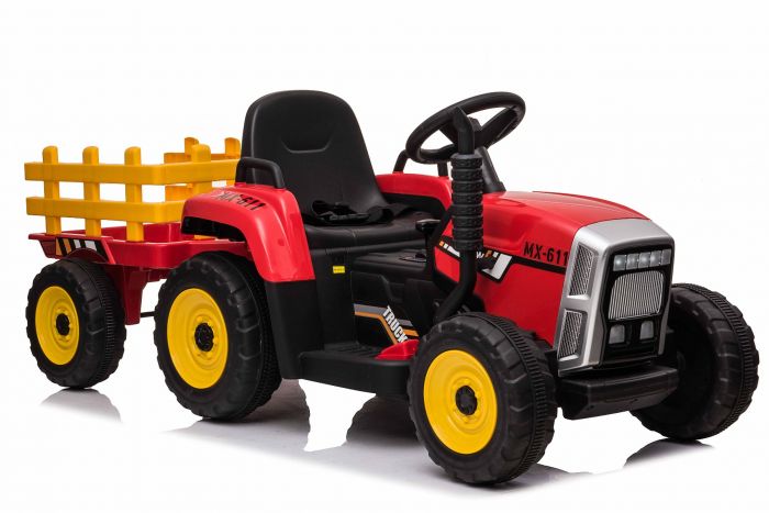 Tracteur électrique WORKERS avec remorque, rouge, traction arrière, batterie 12V, roues Plastique, siège large, télécommande 2,4 GHz, lecteur MP3 avec entrée USB , lumières LED
