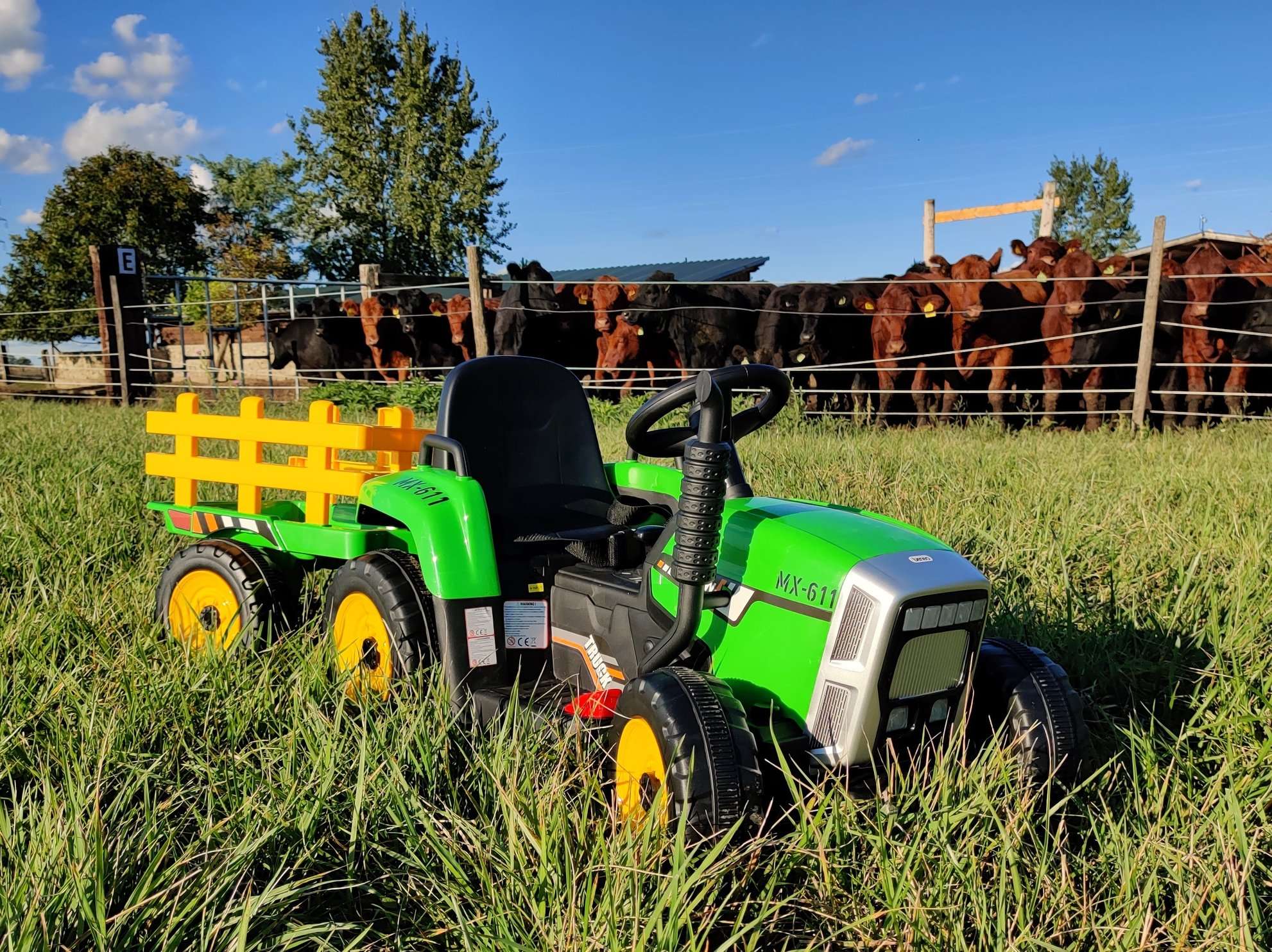 Tracteur électrique 12V WORKERS avec remorque, vert, télécommande 2,4 GHz