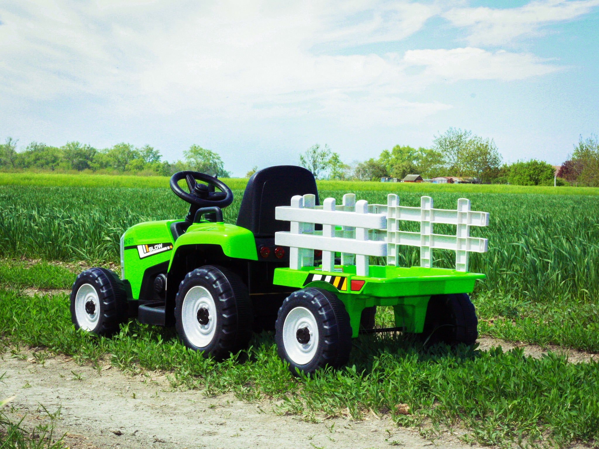 Tracteur électrique 12V WORKERS avec remorque, vert, télécommande 2,4 GHz