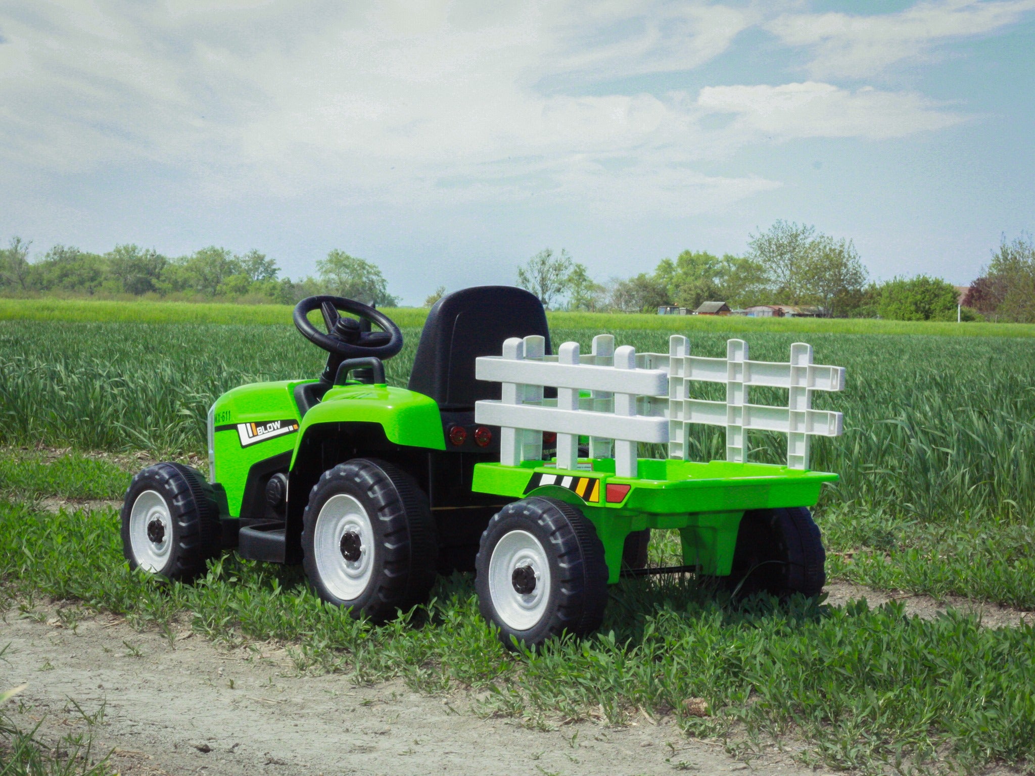 Tracteur électrique 12V WORKERS avec remorque, vert, télécommande 2,4 GHz