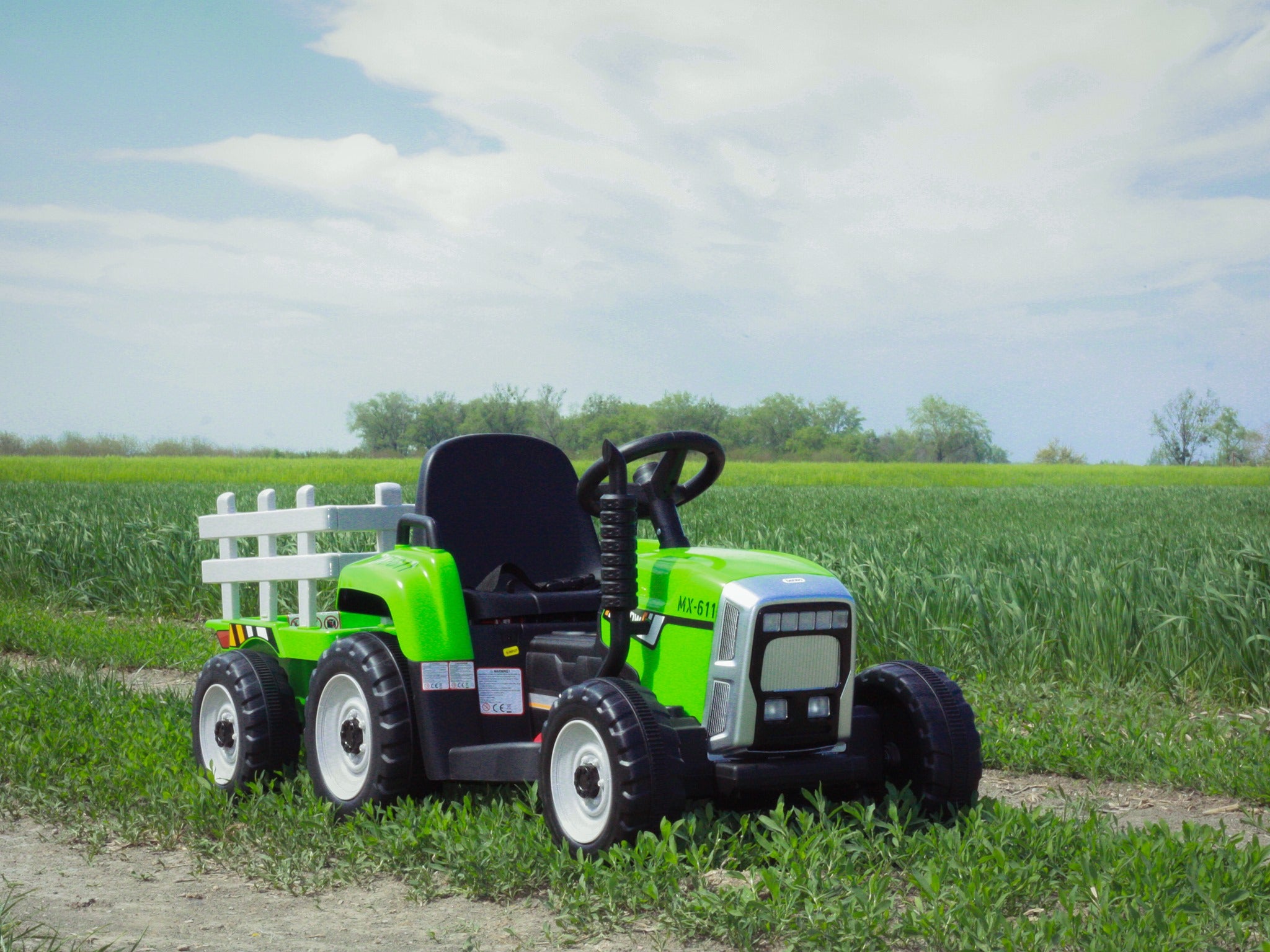 Tracteur électrique 12V WORKERS avec remorque, vert, télécommande 2,4 GHz