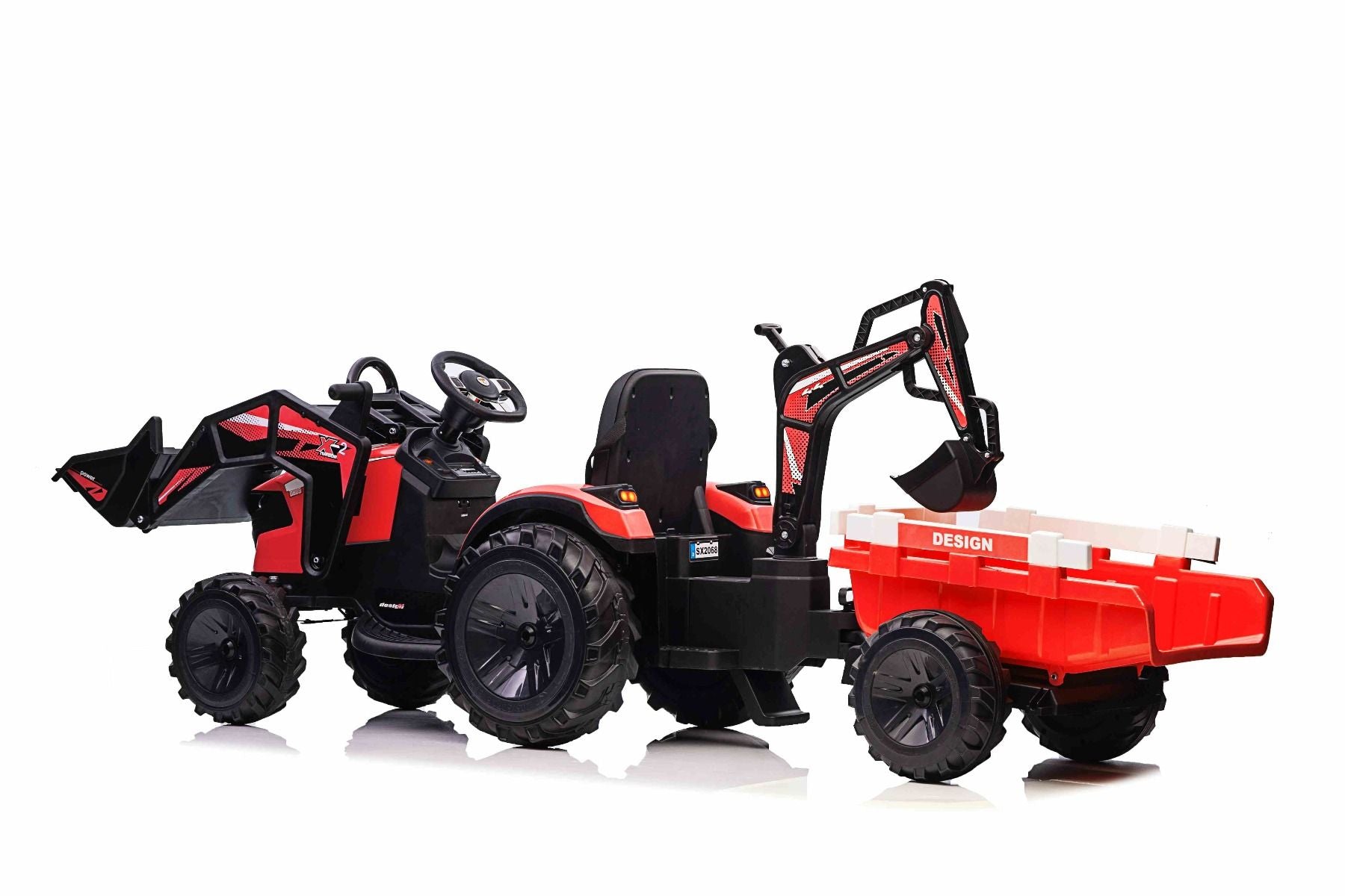 Tracteur électrique 12V TOP-WORKER avec louches et remorque, Monoplace, rouge, Télécommande 2.4Ghz, Moteur 2 x 45W