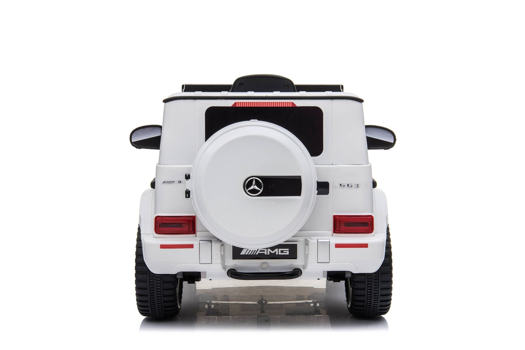 Voiture électrique enfants 12V Mercedes AMG G63 neuve, blanc, avec licence d'origine, porte à batterie, ouverture par des portes, monoplace, 2x moteur, batterie 12 V, télécommande de 2,4 Ghz, suspension arrière, démarrage en douceur