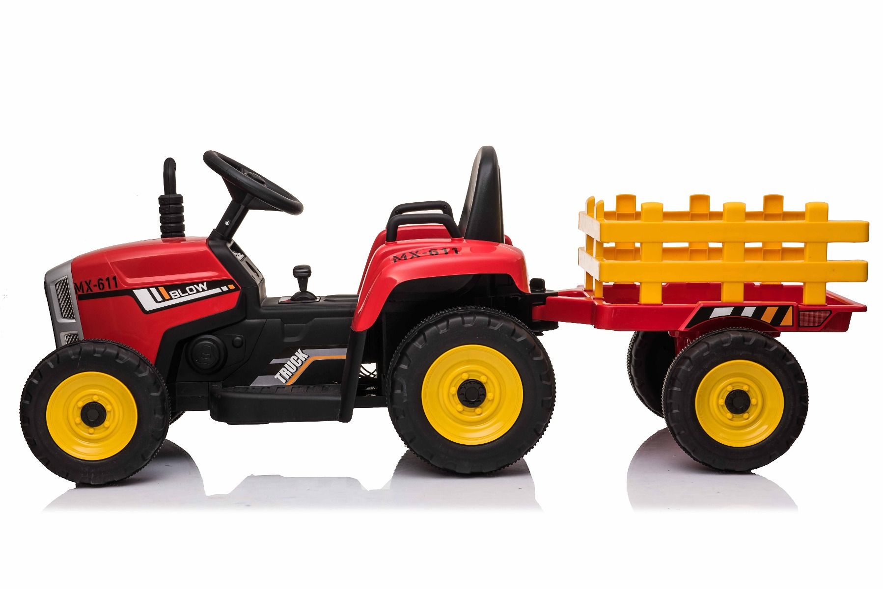 Tracteur électrique WORKERS avec remorque, rouge, traction arrière, batterie 12V, roues Plastique, siège large, télécommande 2,4 GHz, lecteur MP3 avec entrée USB , lumières LED