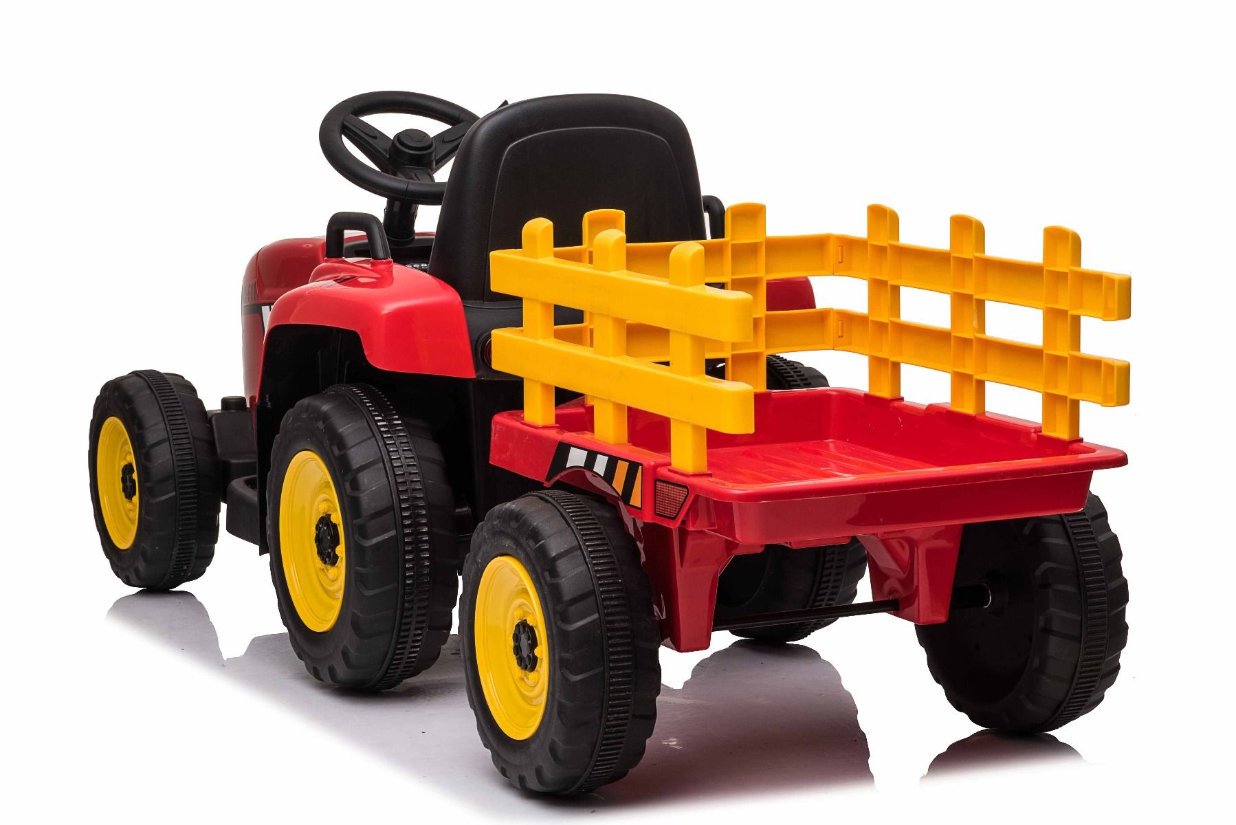 Tracteur électrique WORKERS avec remorque, rouge, traction arrière, batterie 12V, roues Plastique, siège large, télécommande 2,4 GHz, lecteur MP3 avec entrée USB , lumières LED