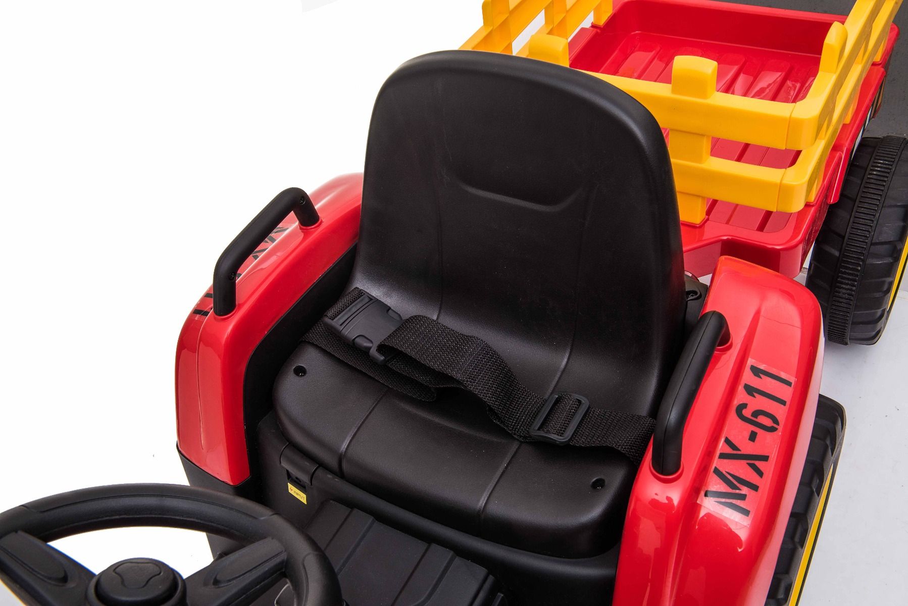 Tracteur électrique WORKERS avec remorque, rouge, traction arrière, batterie 12V, roues Plastique, siège large, télécommande 2,4 GHz, lecteur MP3 avec entrée USB , lumières LED