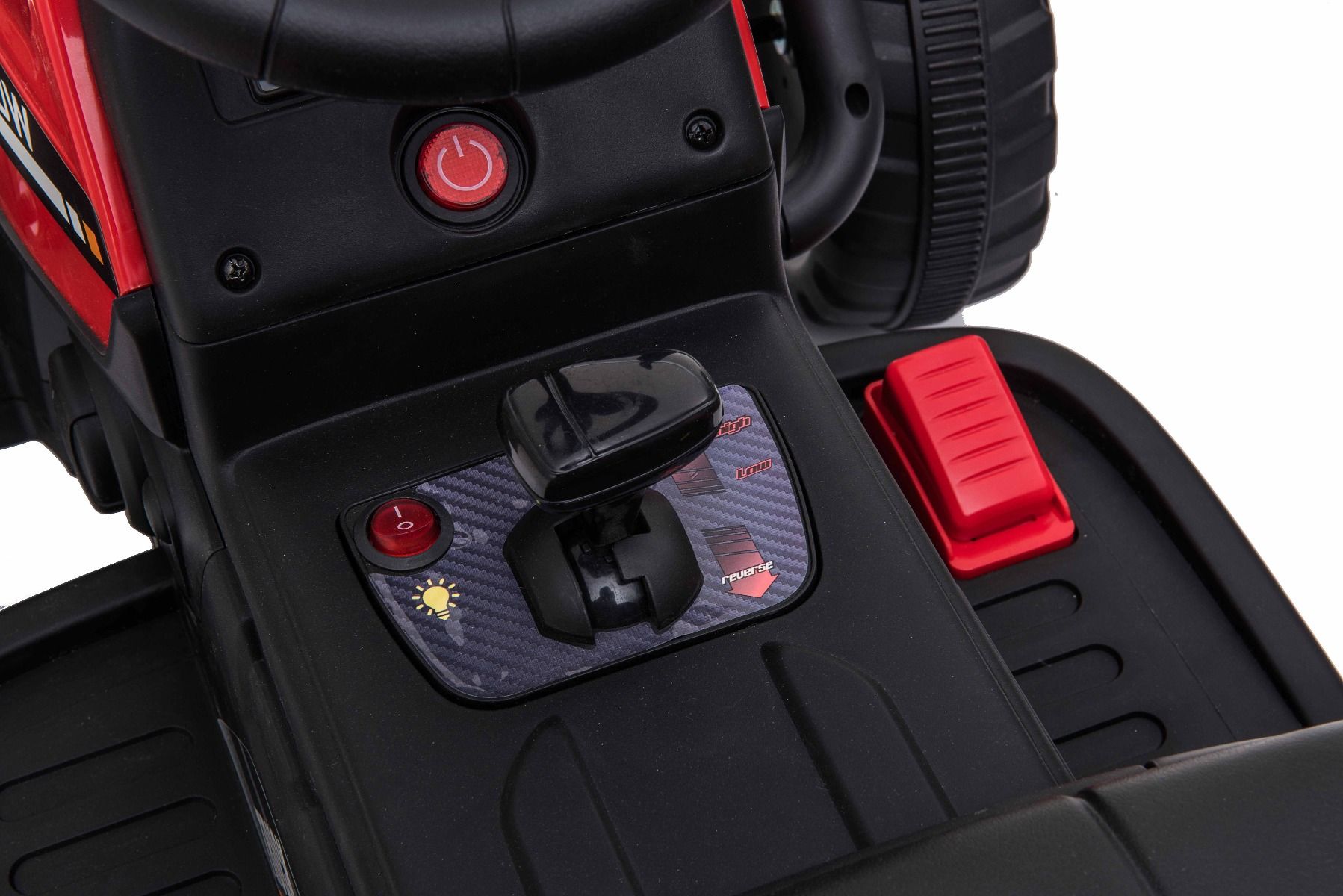 Tracteur électrique WORKERS avec remorque, rouge, traction arrière, batterie 12V, roues Plastique, siège large, télécommande 2,4 GHz, lecteur MP3 avec entrée USB , lumières LED