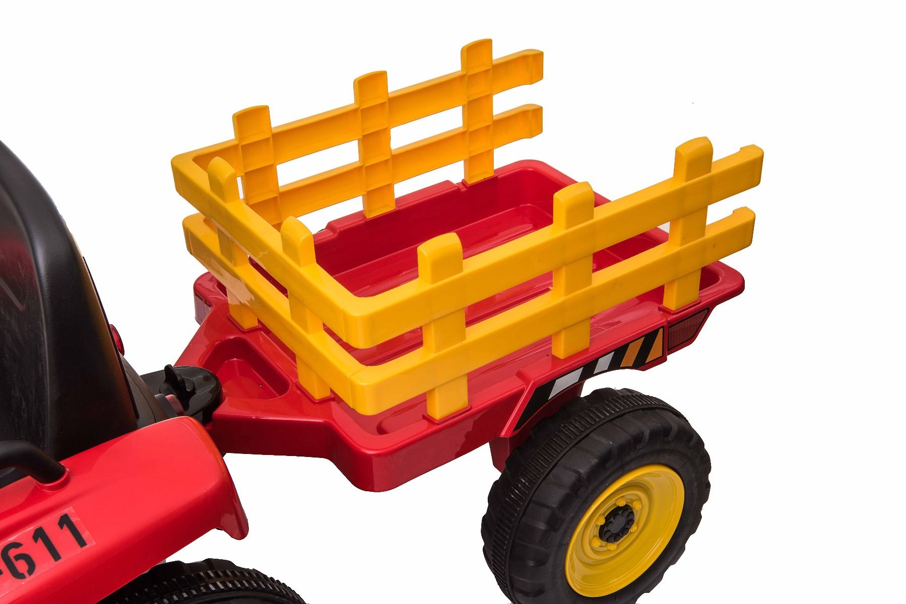 Tracteur électrique WORKERS avec remorque, rouge, traction arrière, batterie 12V, roues Plastique, siège large, télécommande 2,4 GHz, lecteur MP3 avec entrée USB , lumières LED