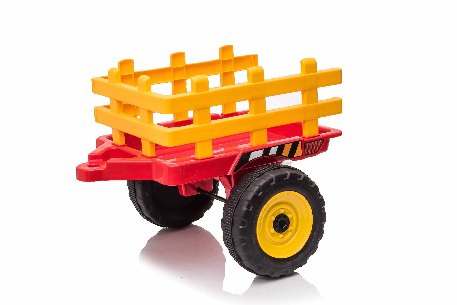 Tracteur électrique WORKERS avec remorque, rouge, traction arrière, batterie 12V, roues Plastique, siège large, télécommande 2,4 GHz, lecteur MP3 avec entrée USB , lumières LED
