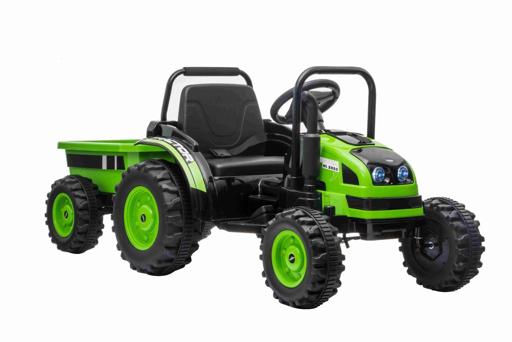 Tracteur électrique 12V POWER avec remorque, vert, télécommande 2,4 GHz