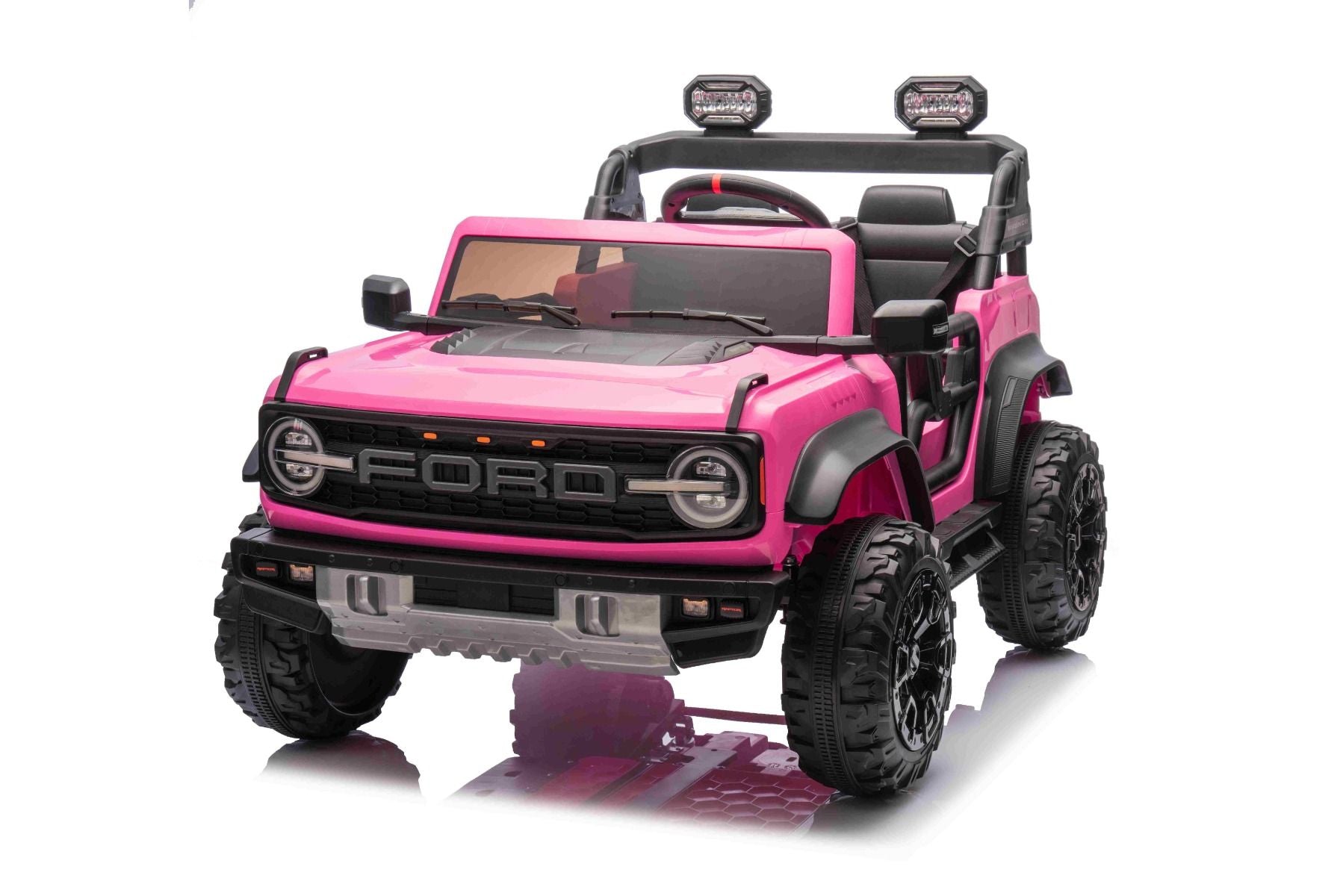 Voiture électrique pour enfants Ford Bronco XL avec propulsion arrière, sous licence (deux places), rose, batterie au lithium, suspension haute, deux sièges, essieu arrière suspendu, télécommande 2,4 GHz, lecteur MP3 avec entrée USB, lumières LED