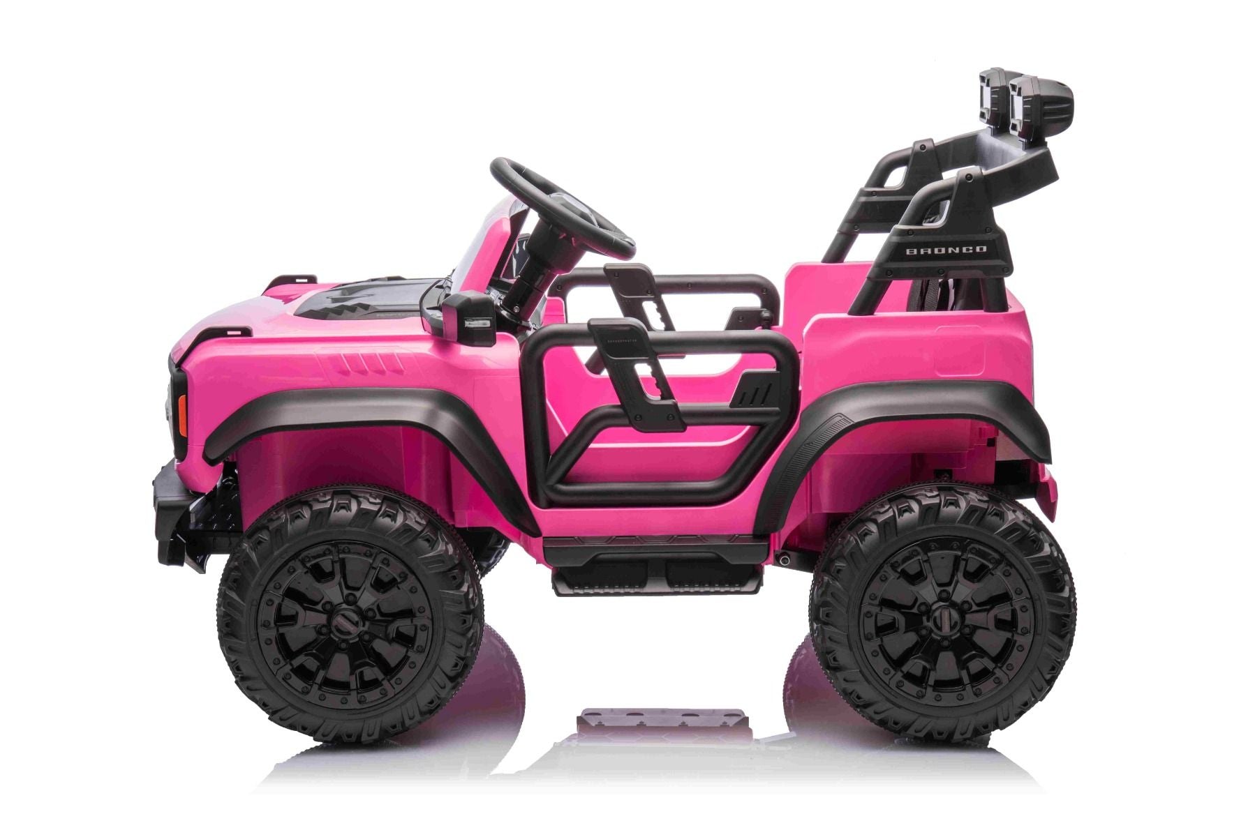Voiture électrique pour enfants Ford Bronco XL avec propulsion arrière, sous licence (deux places), rose, batterie au lithium, suspension haute, deux sièges, essieu arrière suspendu, télécommande 2,4 GHz, lecteur MP3 avec entrée USB, lumières LED