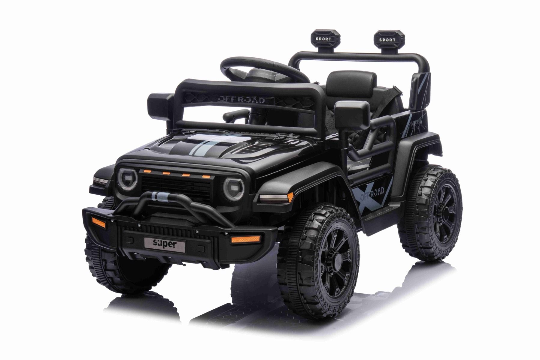 Voiture électrique pour enfants OFFROAD NEW avec traction arrière, noir, batterie lithium, châssis haut, siège large, suspension arrière, télécommande 2,4 GHz, lumières LED