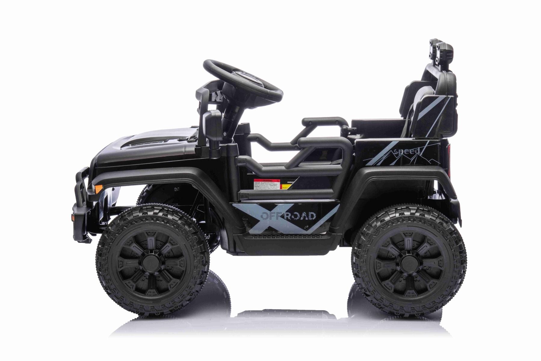 Voiture électrique pour enfants OFFROAD NEW avec traction arrière, noir, batterie lithium, châssis haut, siège large, suspension arrière, télécommande 2,4 GHz, lumières LED