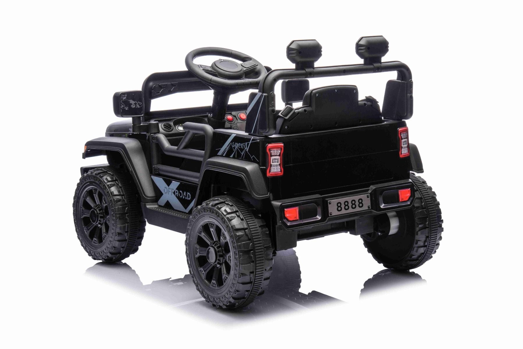 Voiture électrique pour enfants OFFROAD NEW avec traction arrière, noir, batterie lithium, châssis haut, siège large, suspension arrière, télécommande 2,4 GHz, lumières LED