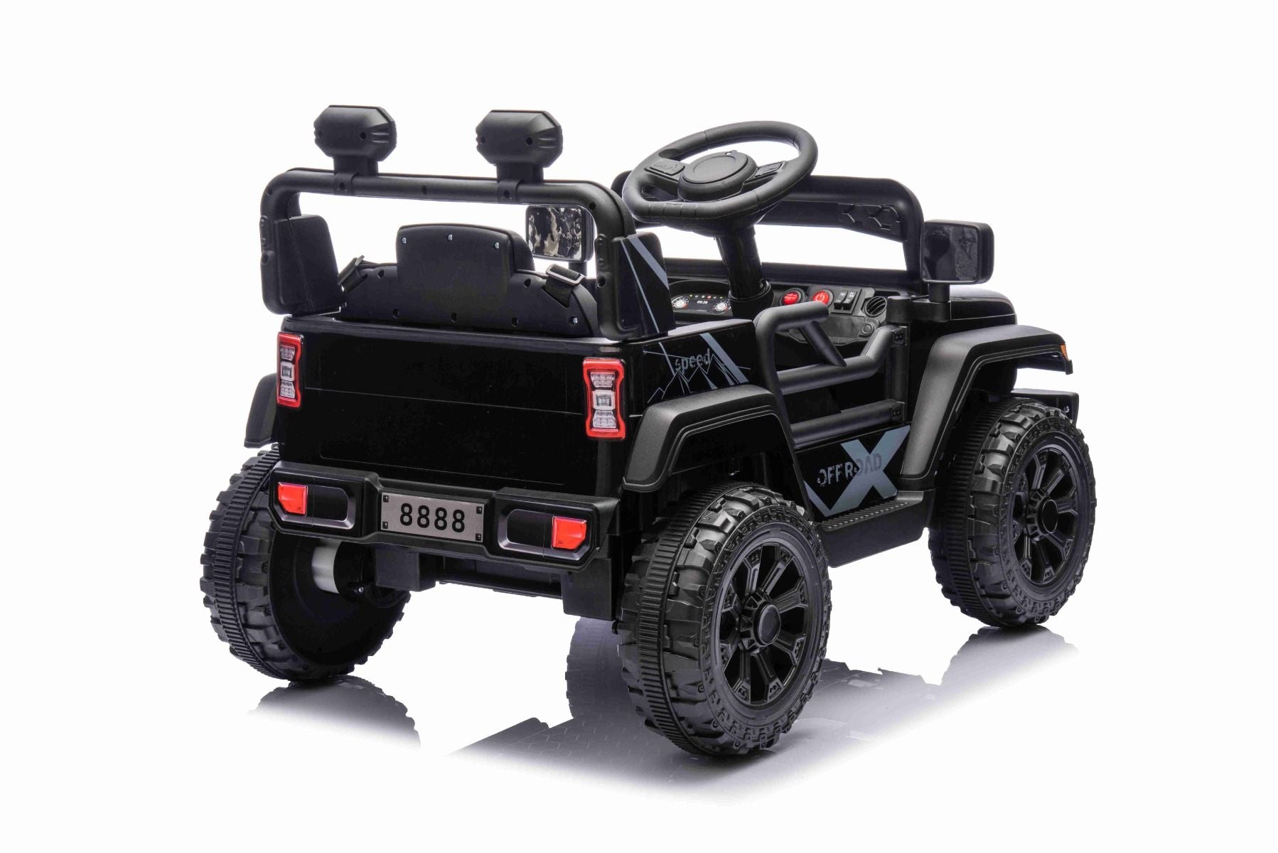 Voiture électrique pour enfants OFFROAD NEW avec traction arrière, noir, batterie lithium, châssis haut, siège large, suspension arrière, télécommande 2,4 GHz, lumières LED