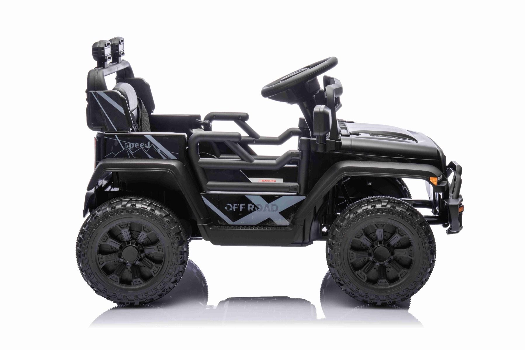 Voiture électrique pour enfants OFFROAD NEW avec traction arrière, noir, batterie lithium, châssis haut, siège large, suspension arrière, télécommande 2,4 GHz, lumières LED