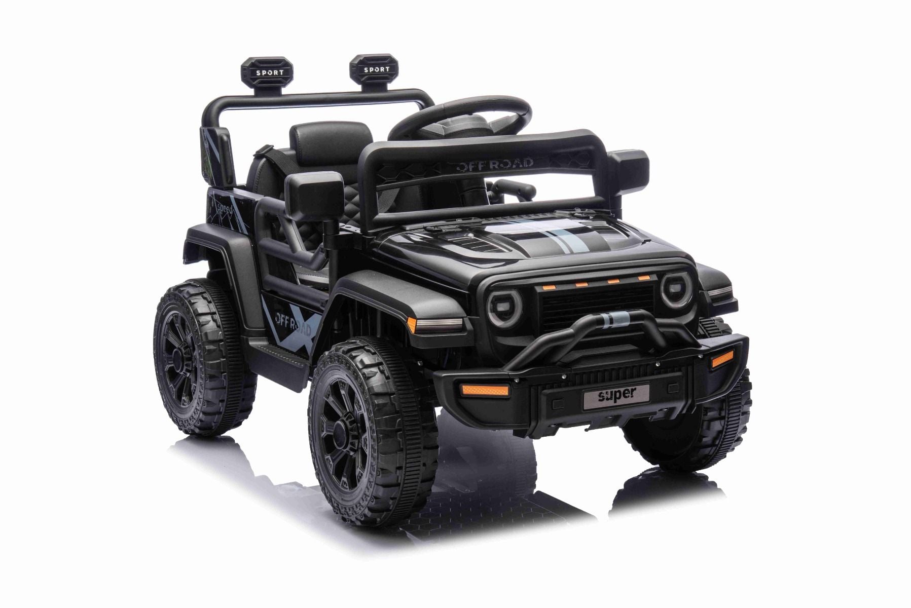 Voiture électrique pour enfants OFFROAD NEW avec traction arrière, noir, batterie lithium, châssis haut, siège large, suspension arrière, télécommande 2,4 GHz, lumières LED