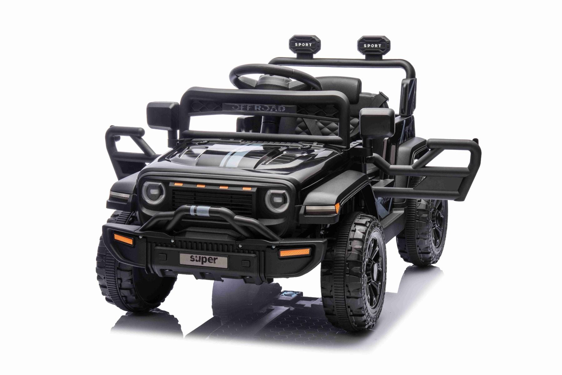 Voiture électrique pour enfants OFFROAD NEW avec traction arrière, noir, batterie lithium, châssis haut, siège large, suspension arrière, télécommande 2,4 GHz, lumières LED
