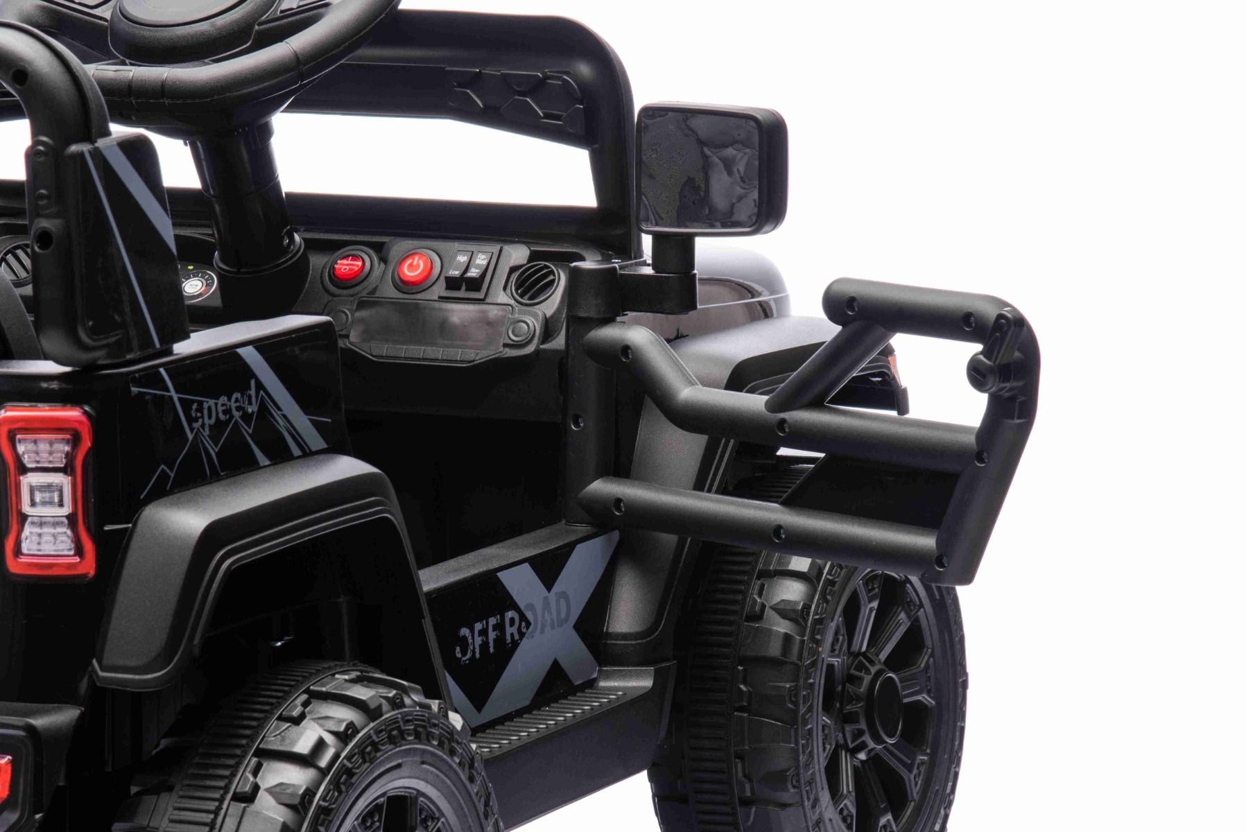 Voiture électrique pour enfants OFFROAD NEW avec traction arrière, noir, batterie lithium, châssis haut, siège large, suspension arrière, télécommande 2,4 GHz, lumières LED