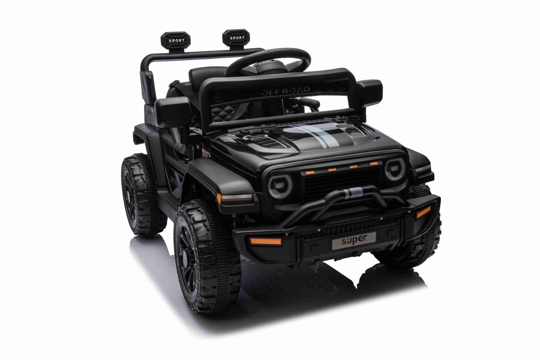 Voiture électrique pour enfants OFFROAD NEW avec traction arrière, noir, batterie lithium, châssis haut, siège large, suspension arrière, télécommande 2,4 GHz, lumières LED