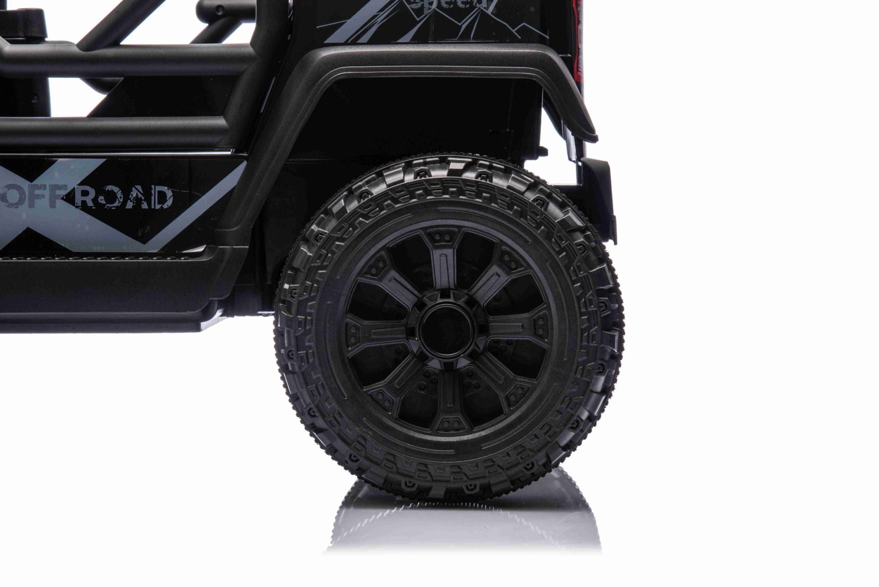 Voiture électrique pour enfants OFFROAD NEW avec traction arrière, noir, batterie lithium, châssis haut, siège large, suspension arrière, télécommande 2,4 GHz, lumières LED